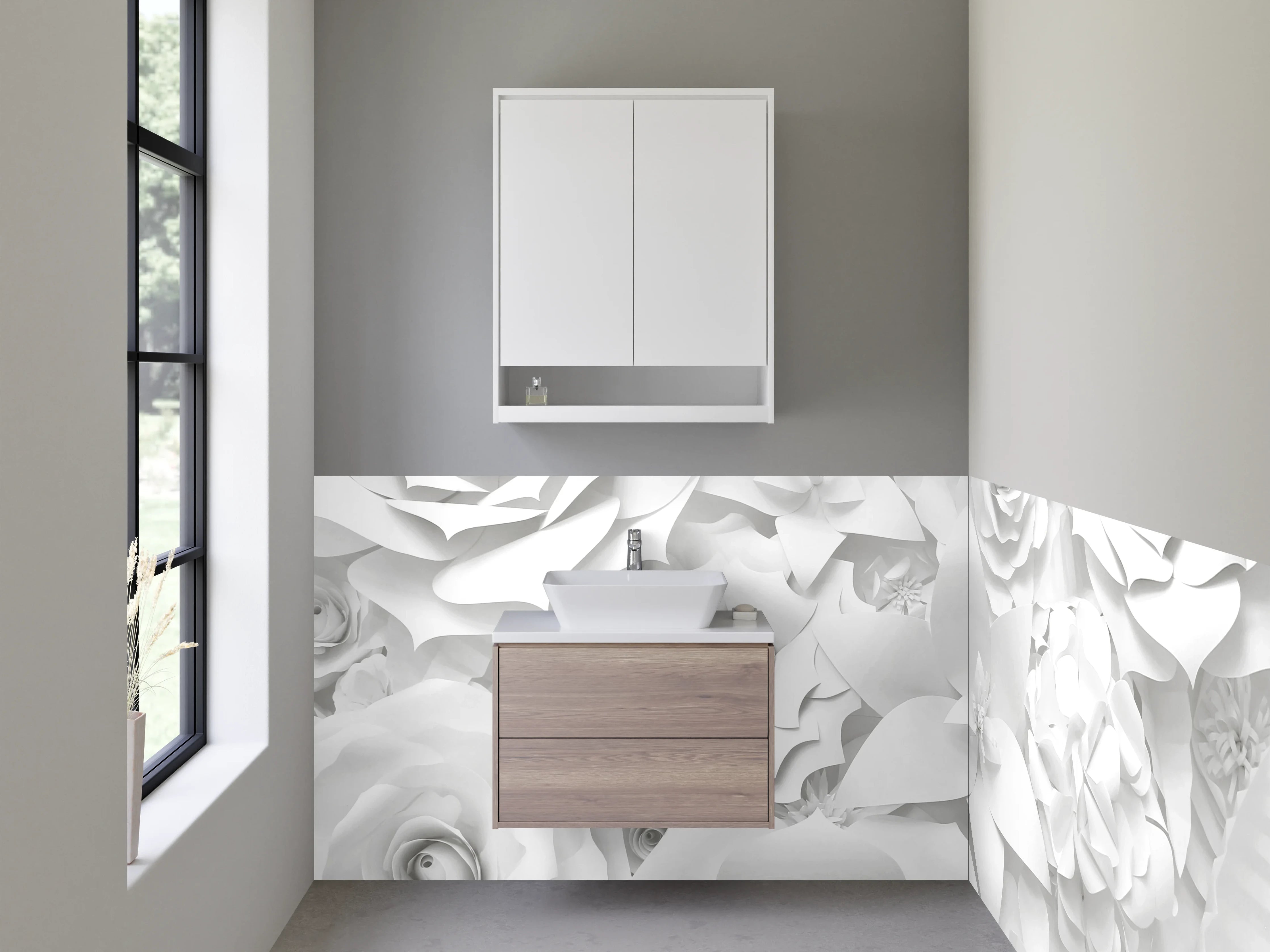 Waschbecken-Rückwand - Weiße Papierblumen 3D-Optik