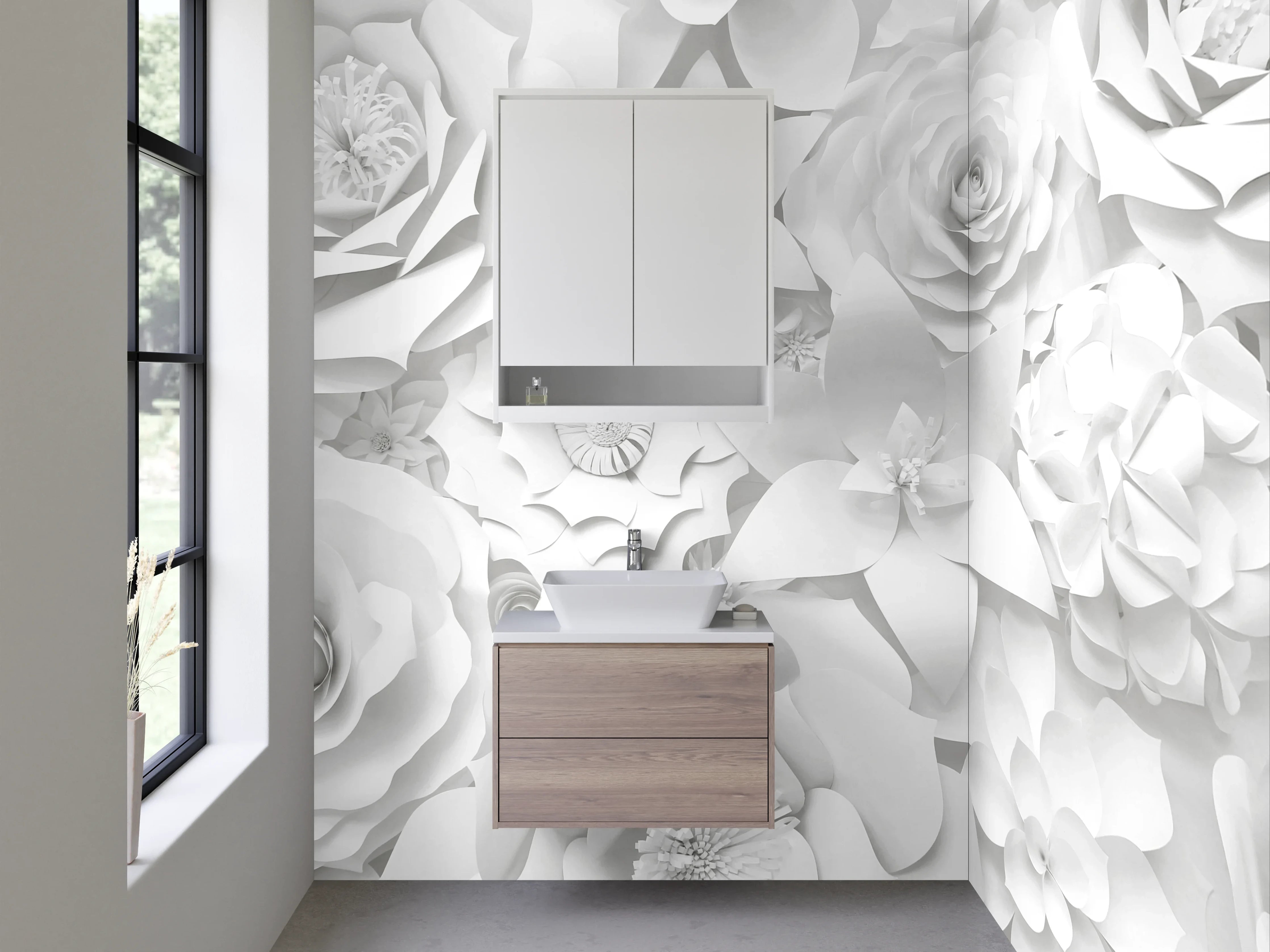 Waschbecken-Rückwand - Weiße Papierblumen 3D-Optik