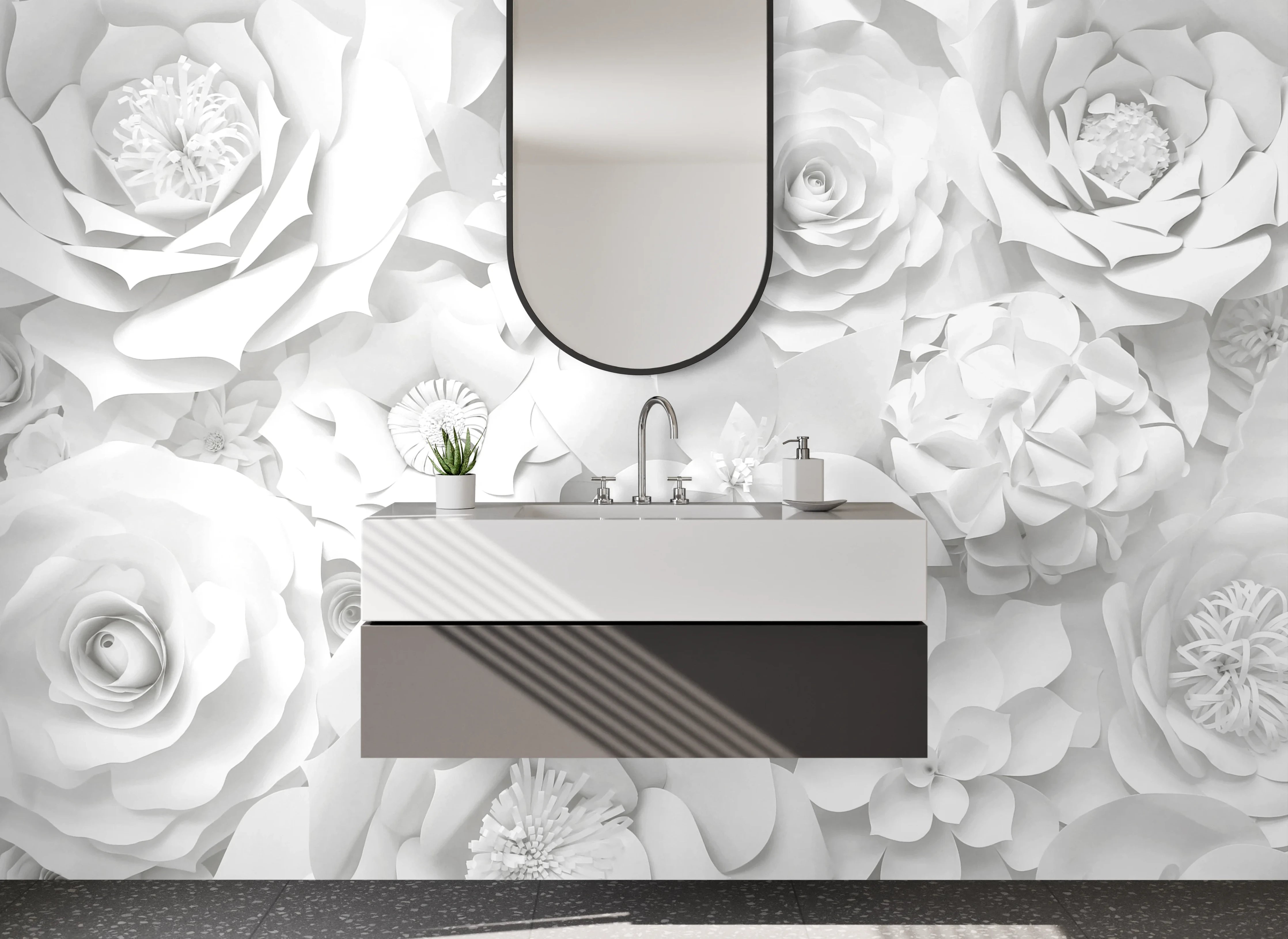 Waschbecken-Rückwand - Weiße Papierblumen 3D-Optik