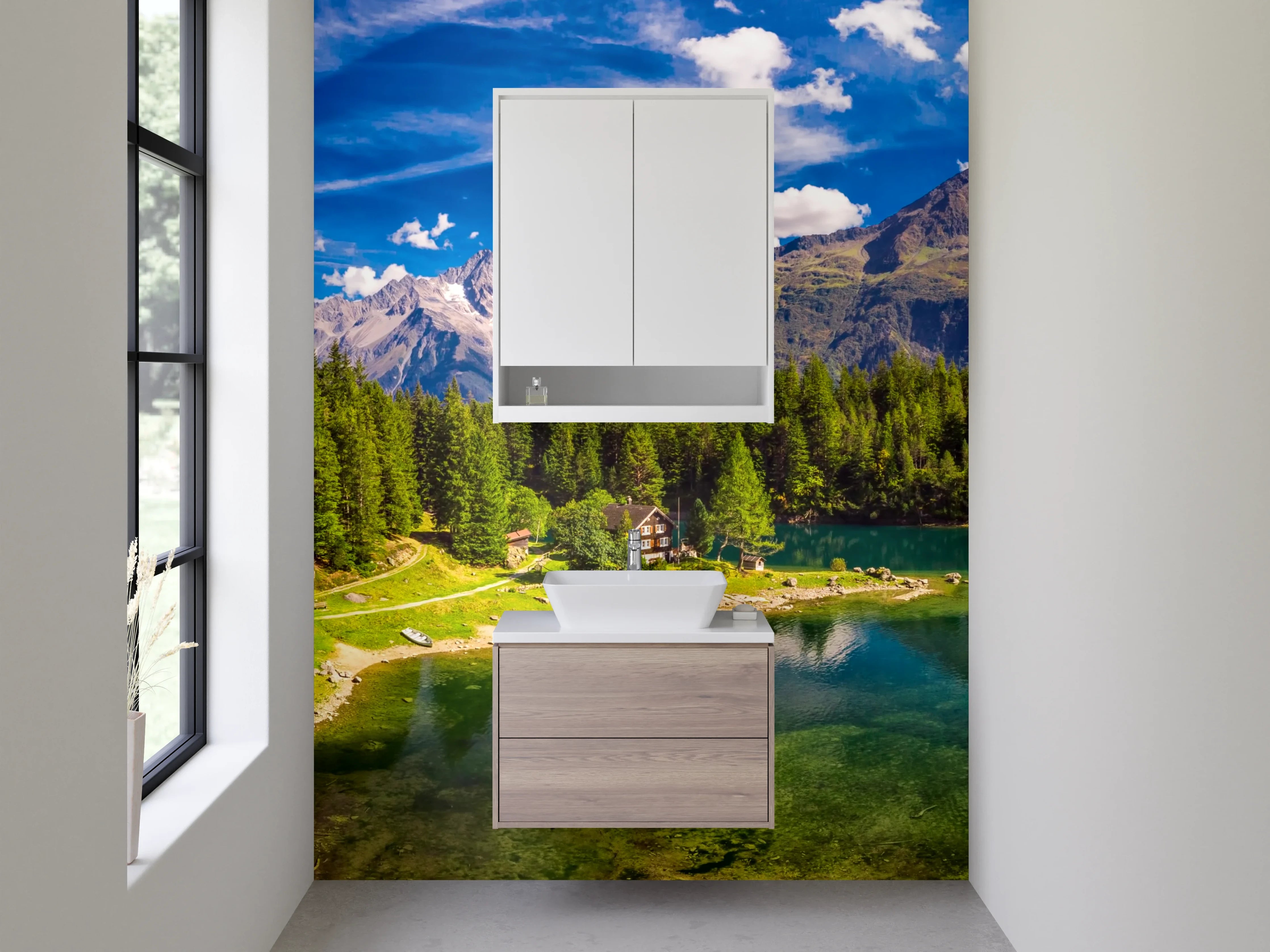 Waschbecken-Rückwand - Weiße See und Berge mit Grautönen