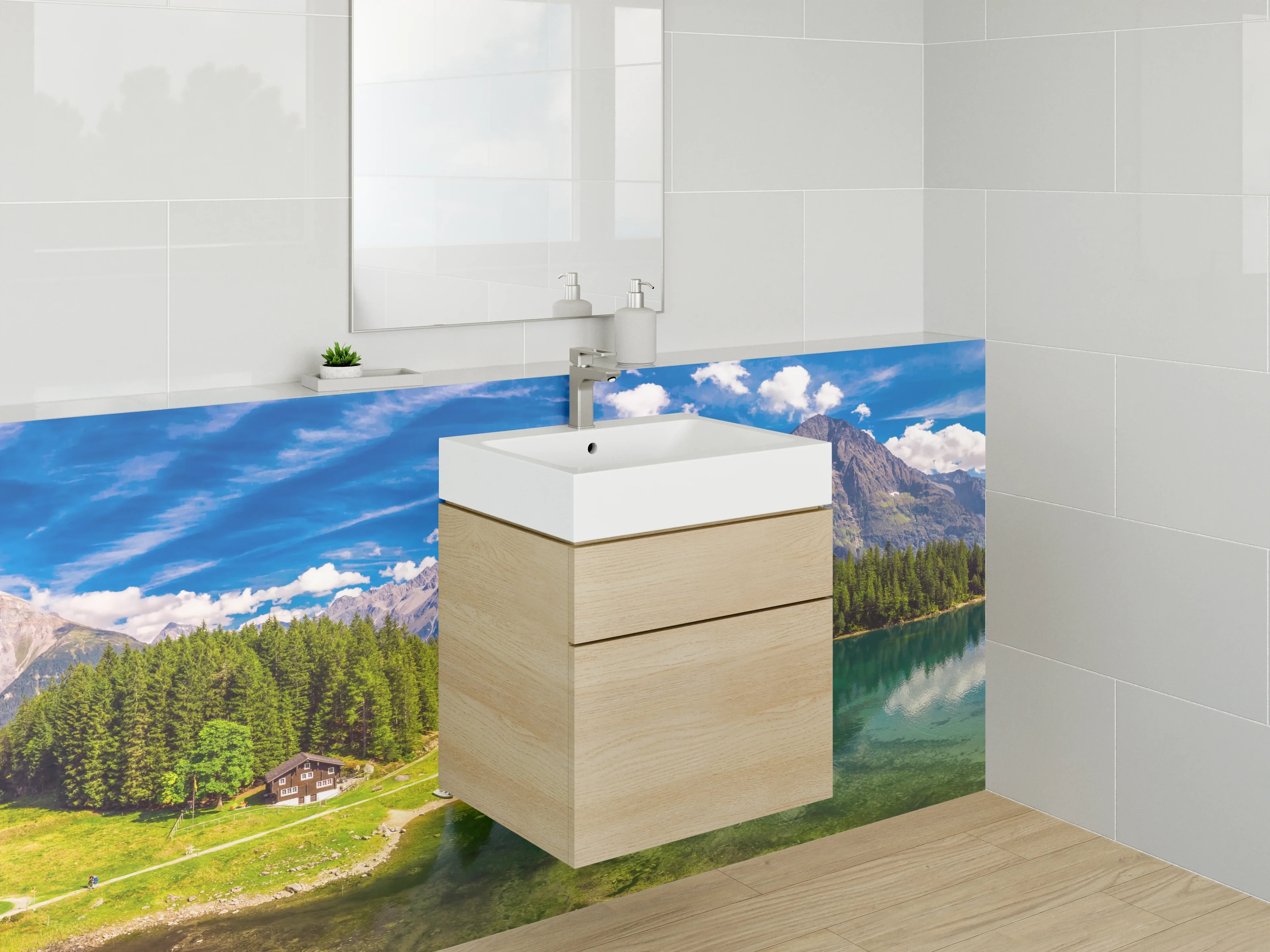 Waschbecken-Rückwand - Weiße See und Berge mit Grautönen