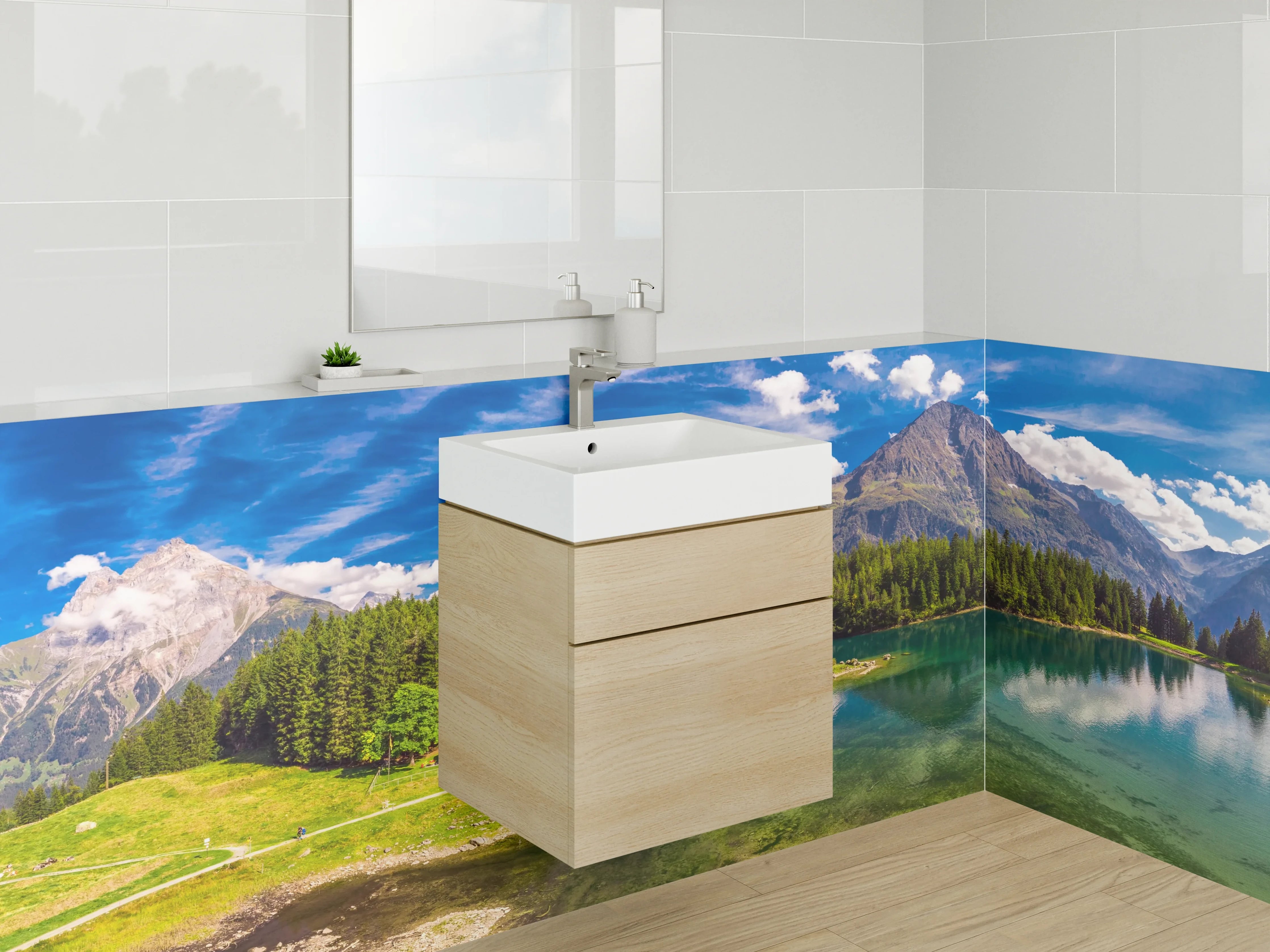 Waschbecken-Rückwand - Weiße See und Berge mit Grautönen