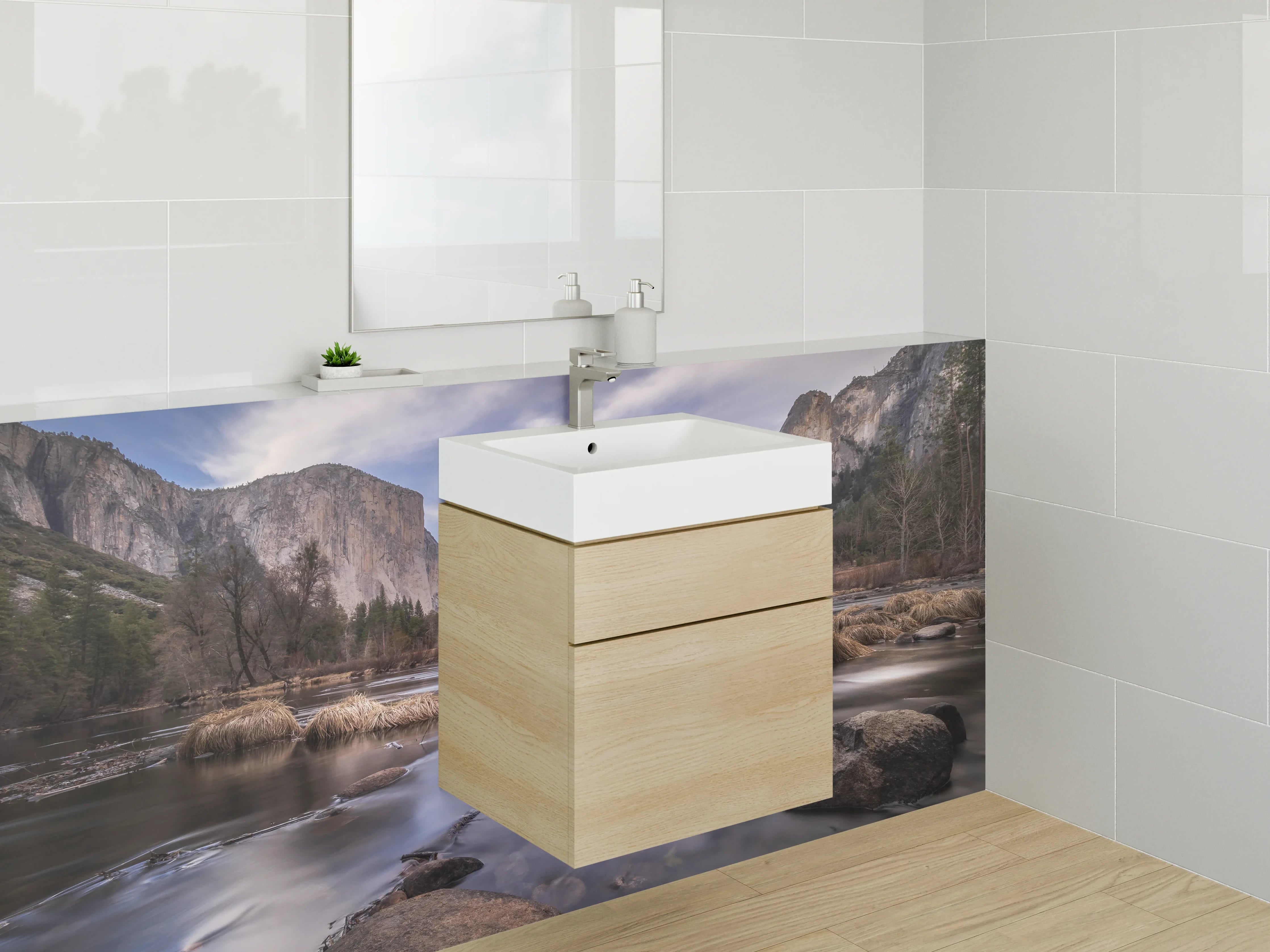 Waschbecken-Rückwand - Weiße Stein-Optik als Badezimmer-Highlight