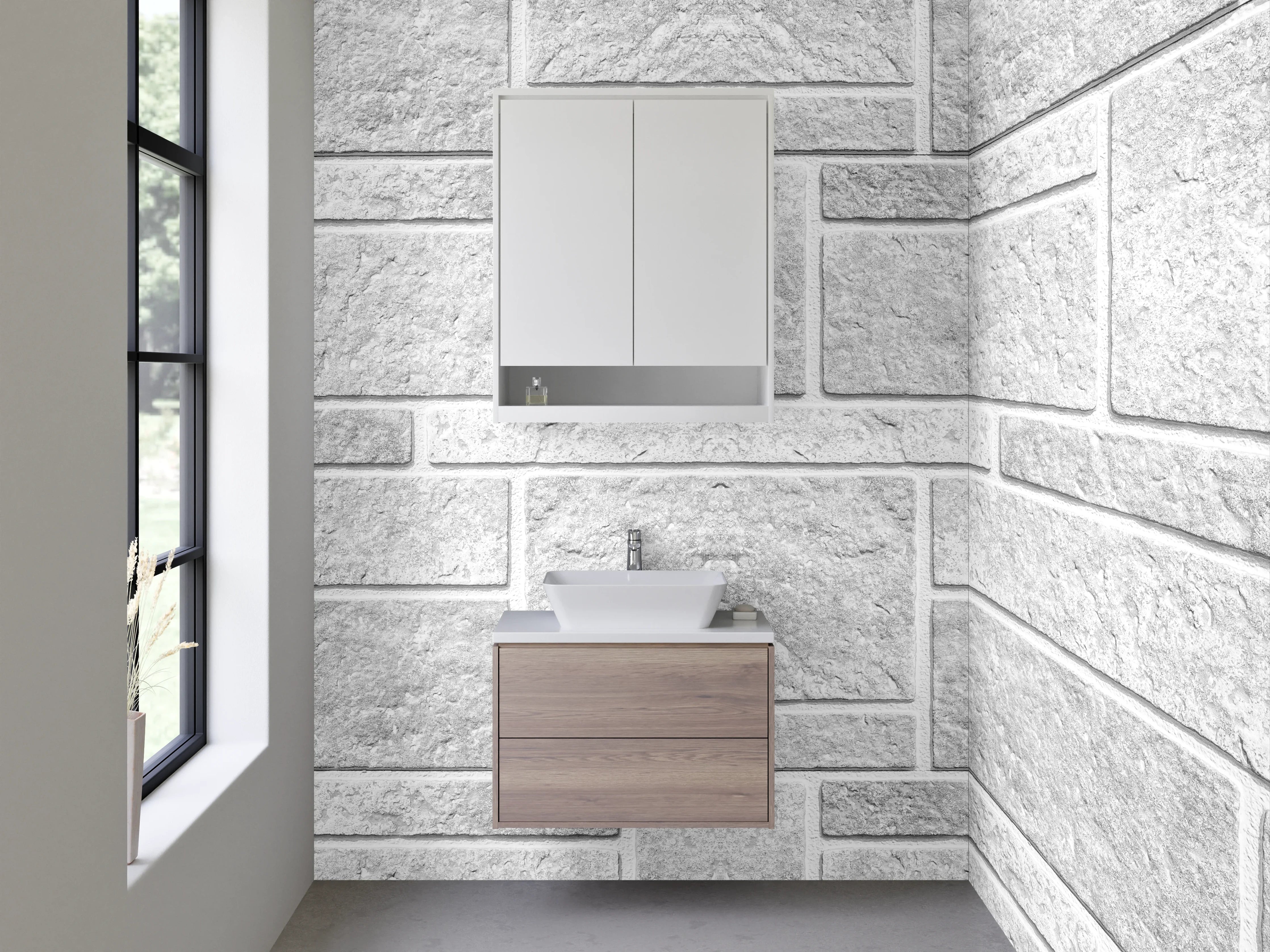 Waschbecken-Rückwand - Weiße Steinmauer Fliesenoptik modern