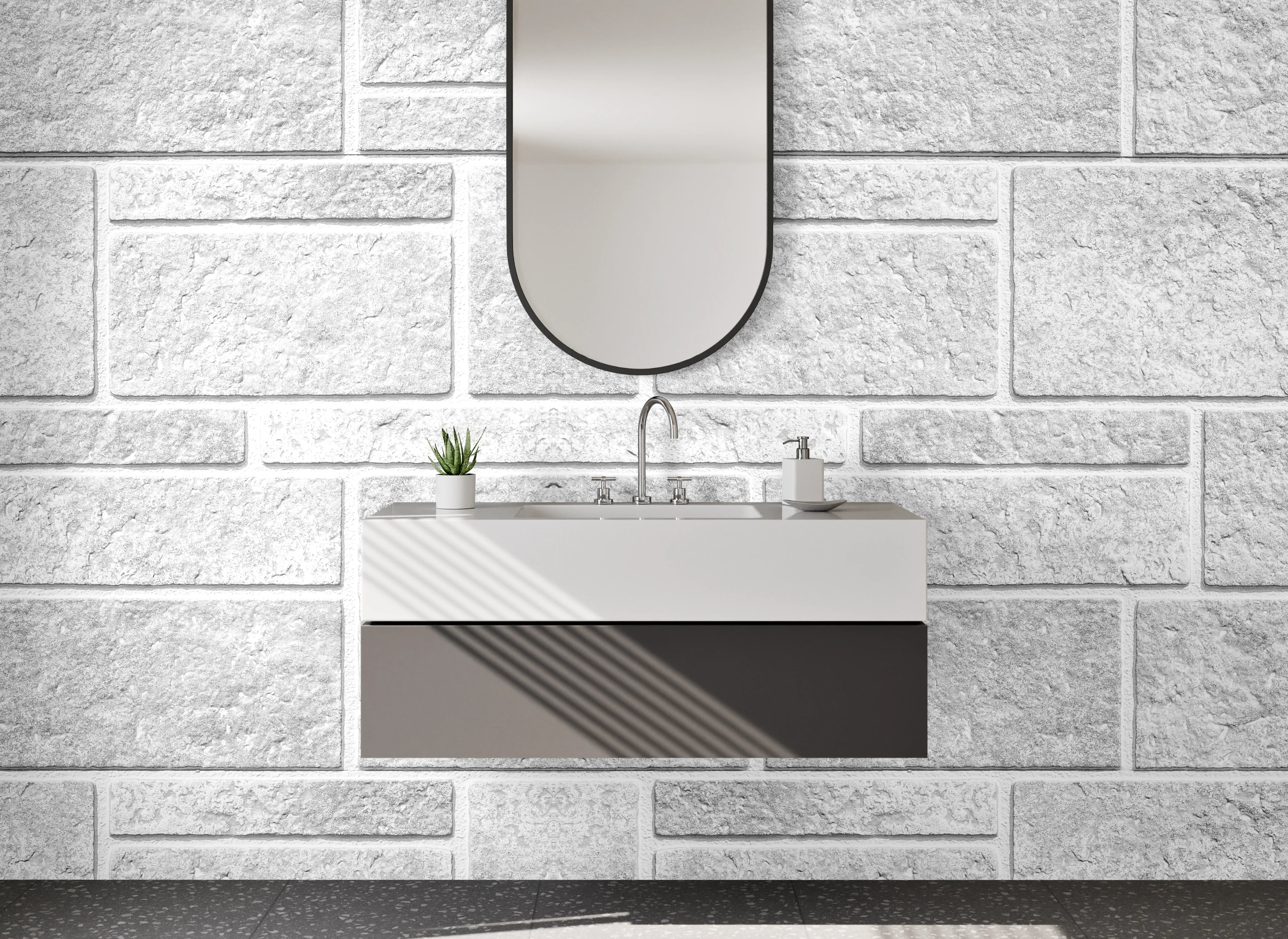 Waschbecken-Rückwand - Weiße Steinmauer Fliesenoptik modern