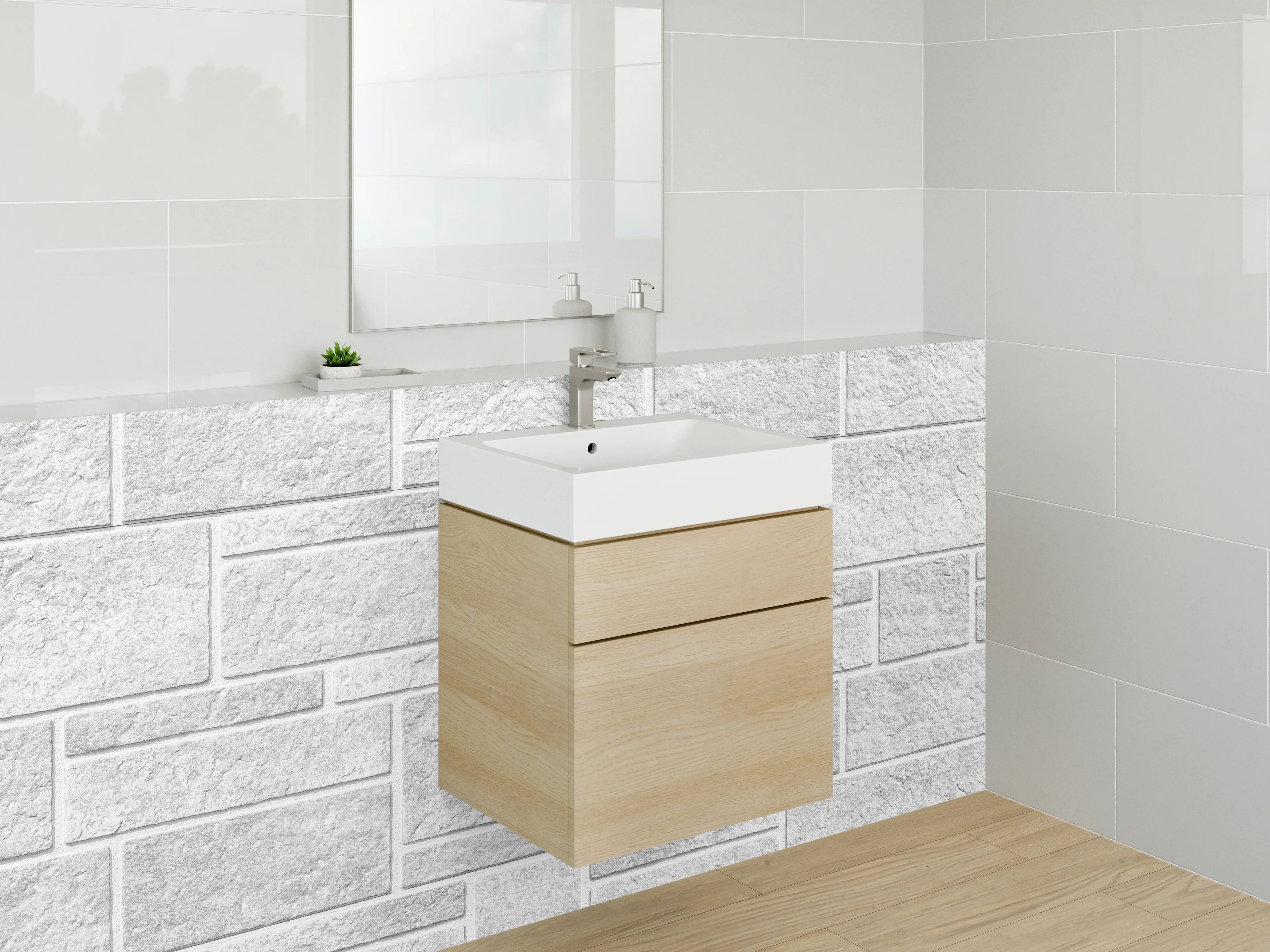 Waschbecken-Rückwand - Weiße Steinmauer Fliesenoptik modern