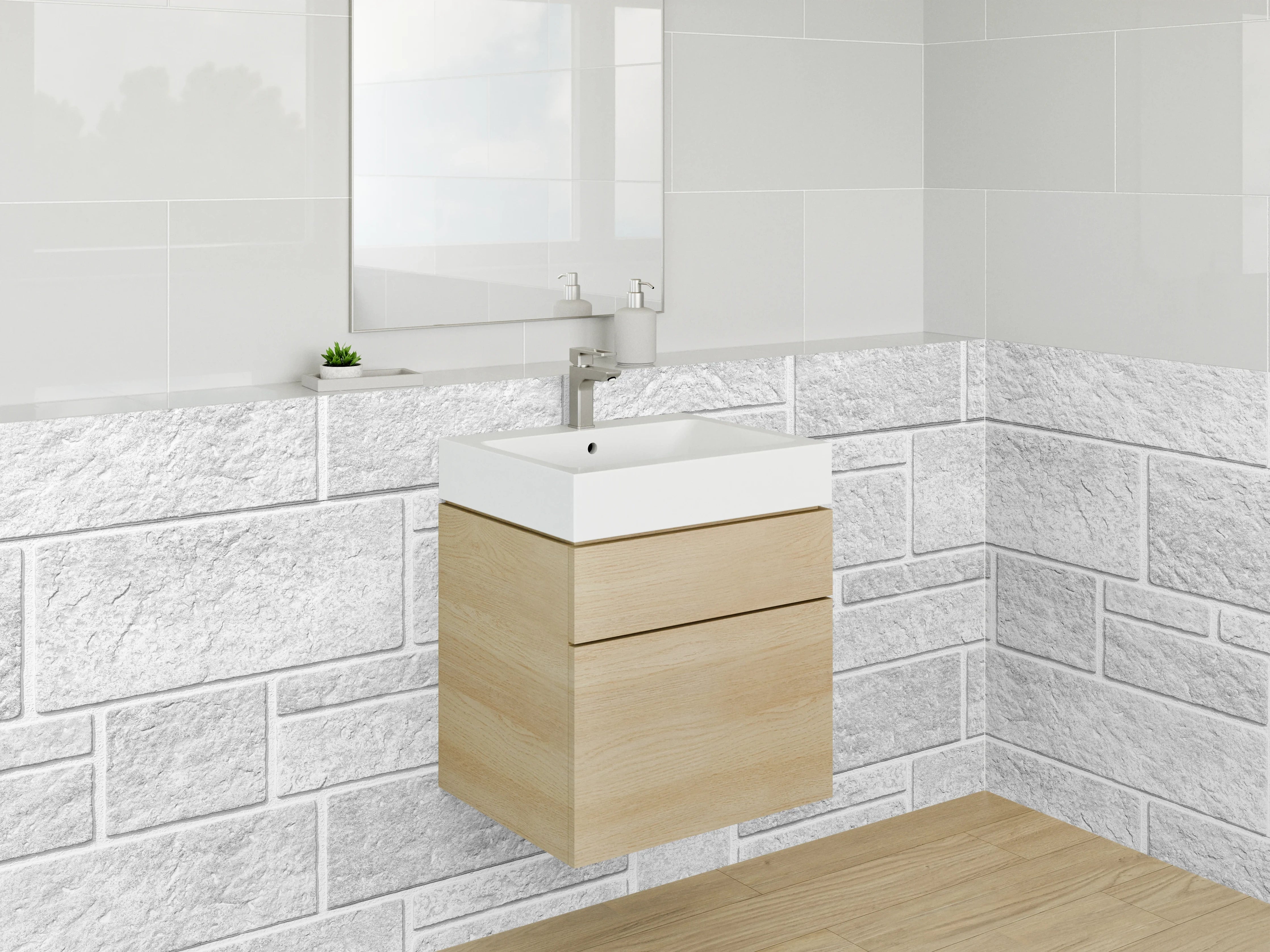 Waschbecken-Rückwand - Weiße Steinmauer Fliesenoptik modern