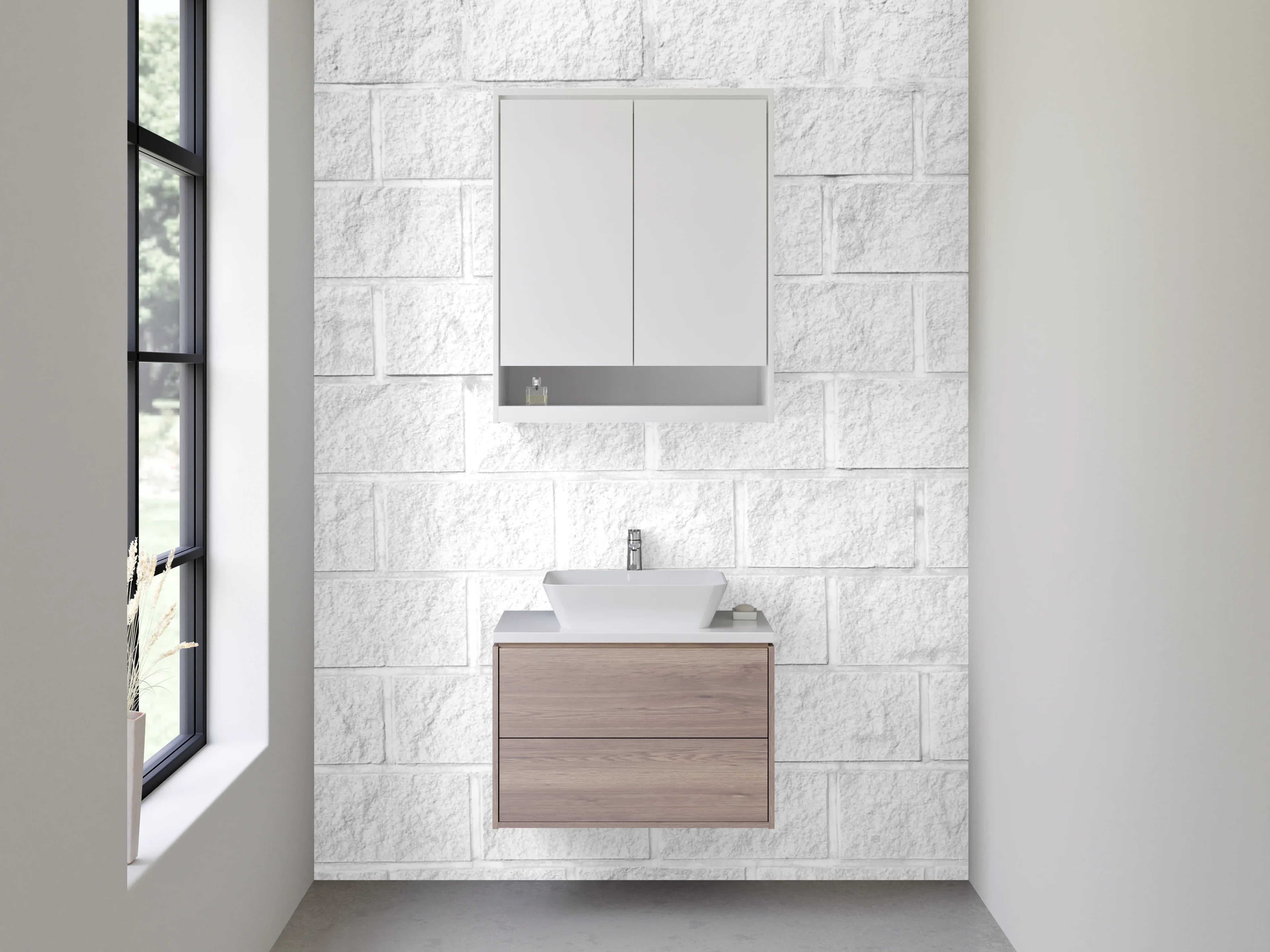 Waschbecken-Rückwand - Weiße Steinoptik Fliesen Wand