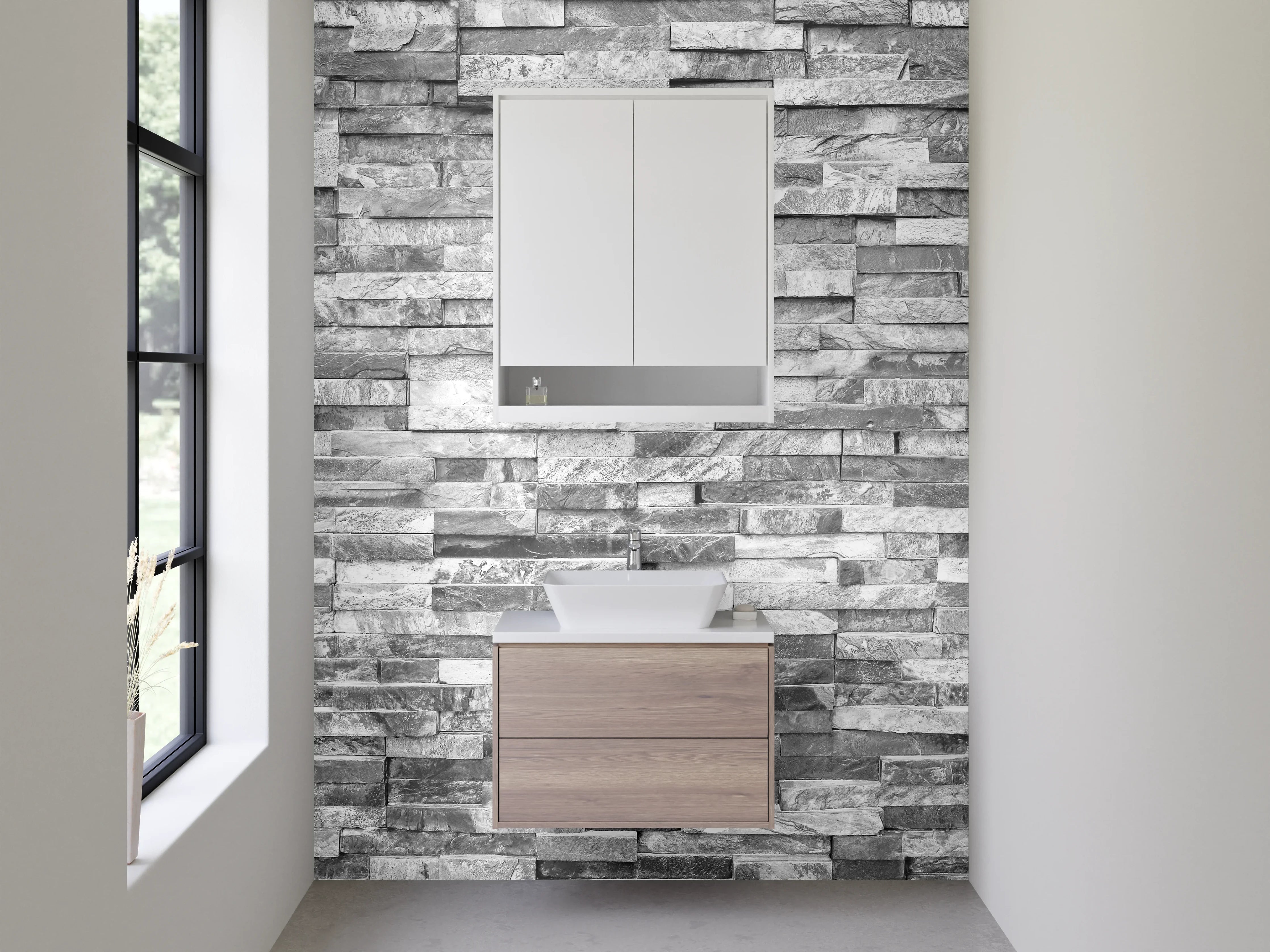 Waschbecken-Rückwand - Weiße Steinoptik Fliesenrückwand modern