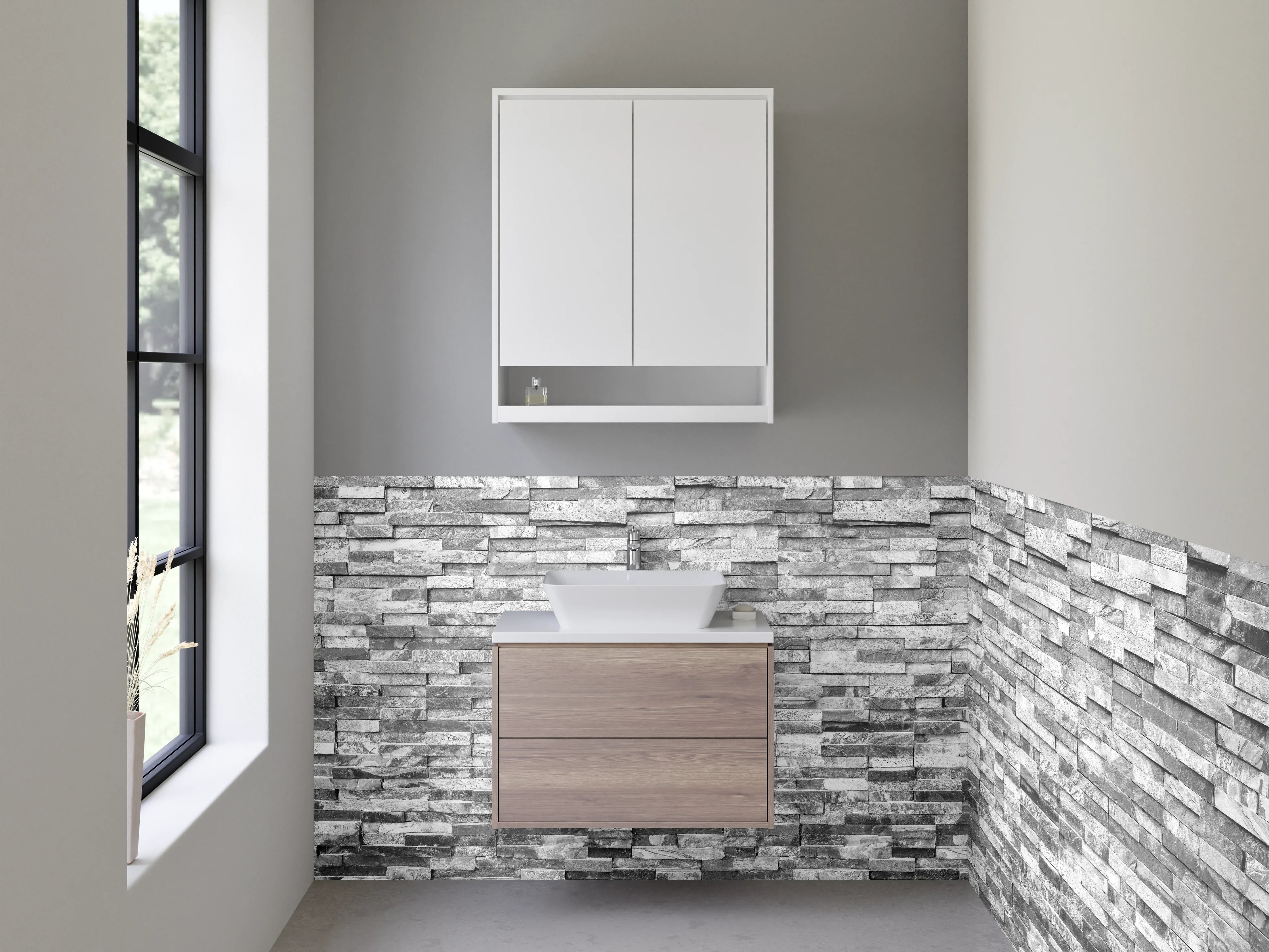 Waschbecken-Rückwand - Weiße Steinoptik Fliesenrückwand modern