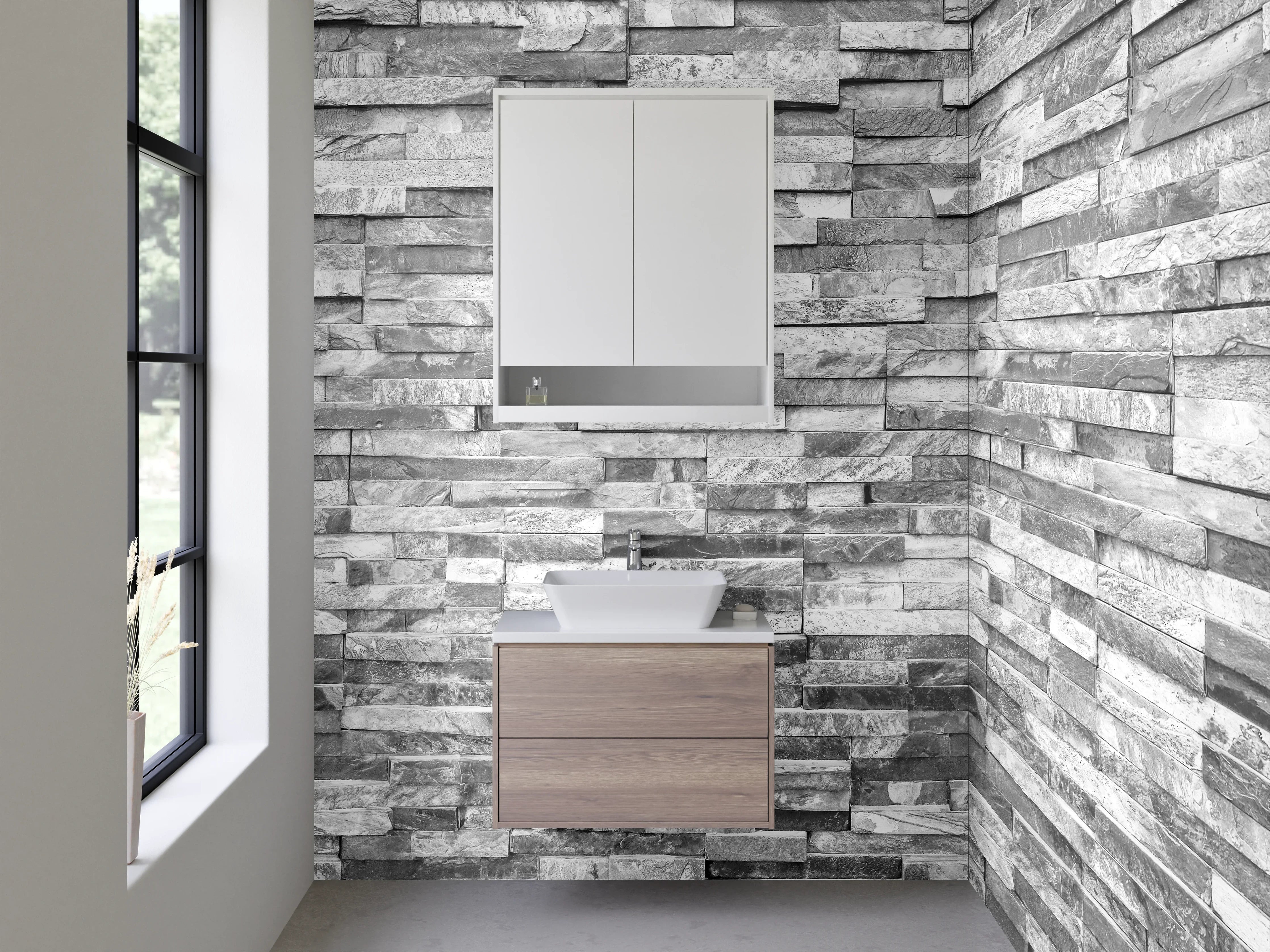 Waschbecken-Rückwand - Weiße Steinoptik Fliesenrückwand modern