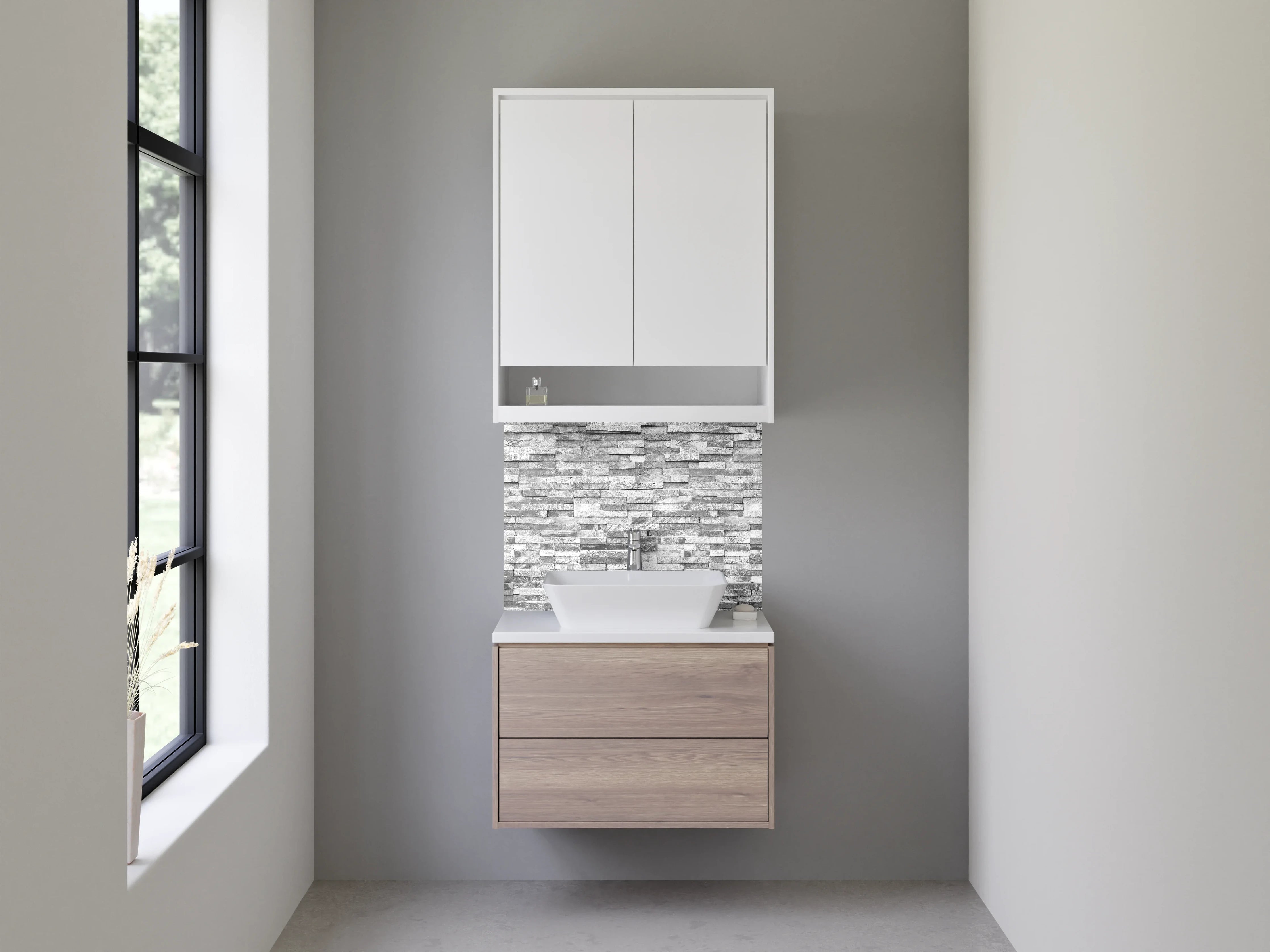 Waschbecken-Rückwand - Weiße Steinoptik Fliesenrückwand modern