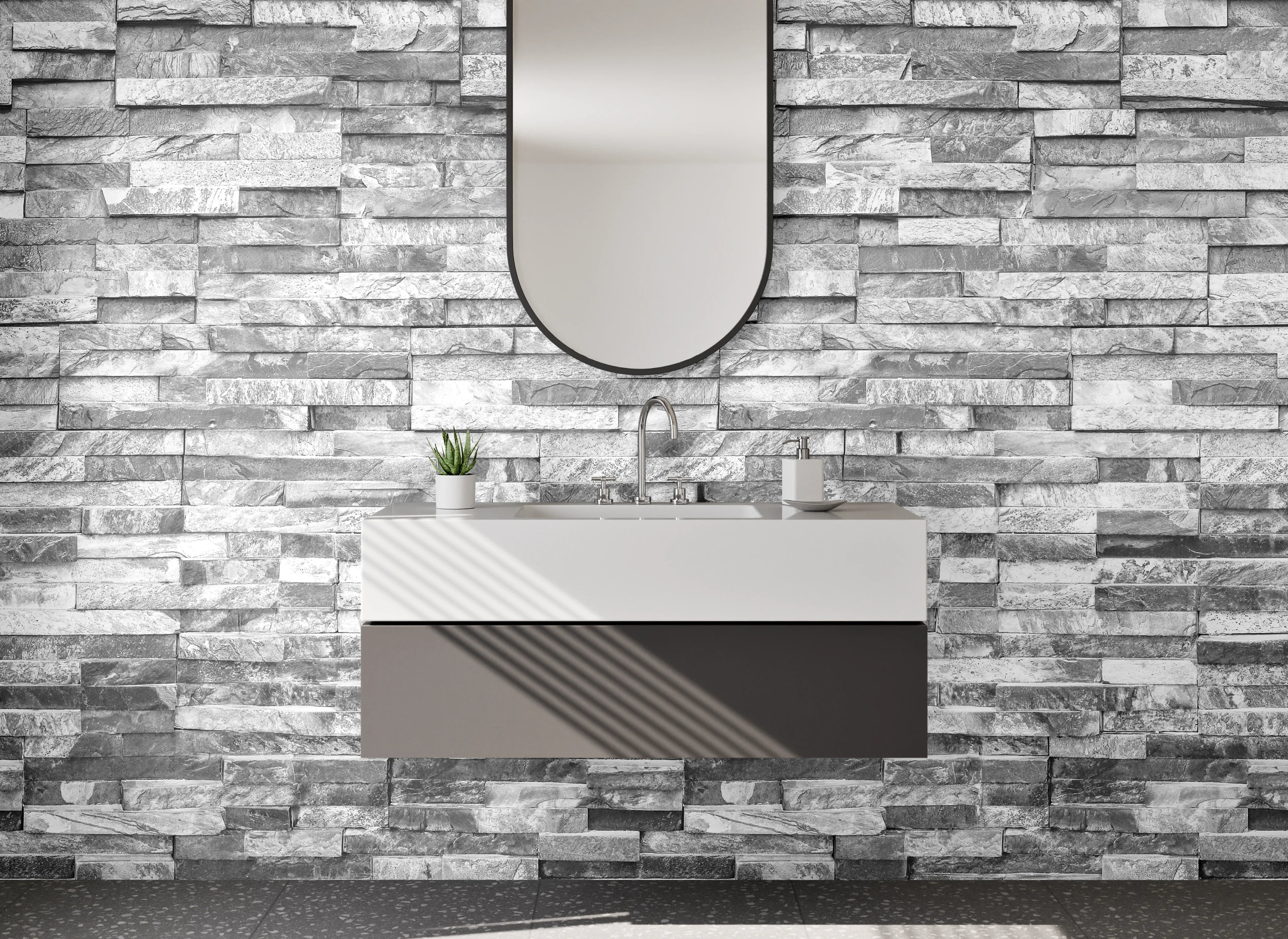 Waschbecken-Rückwand - Weiße Steinoptik Fliesenrückwand modern