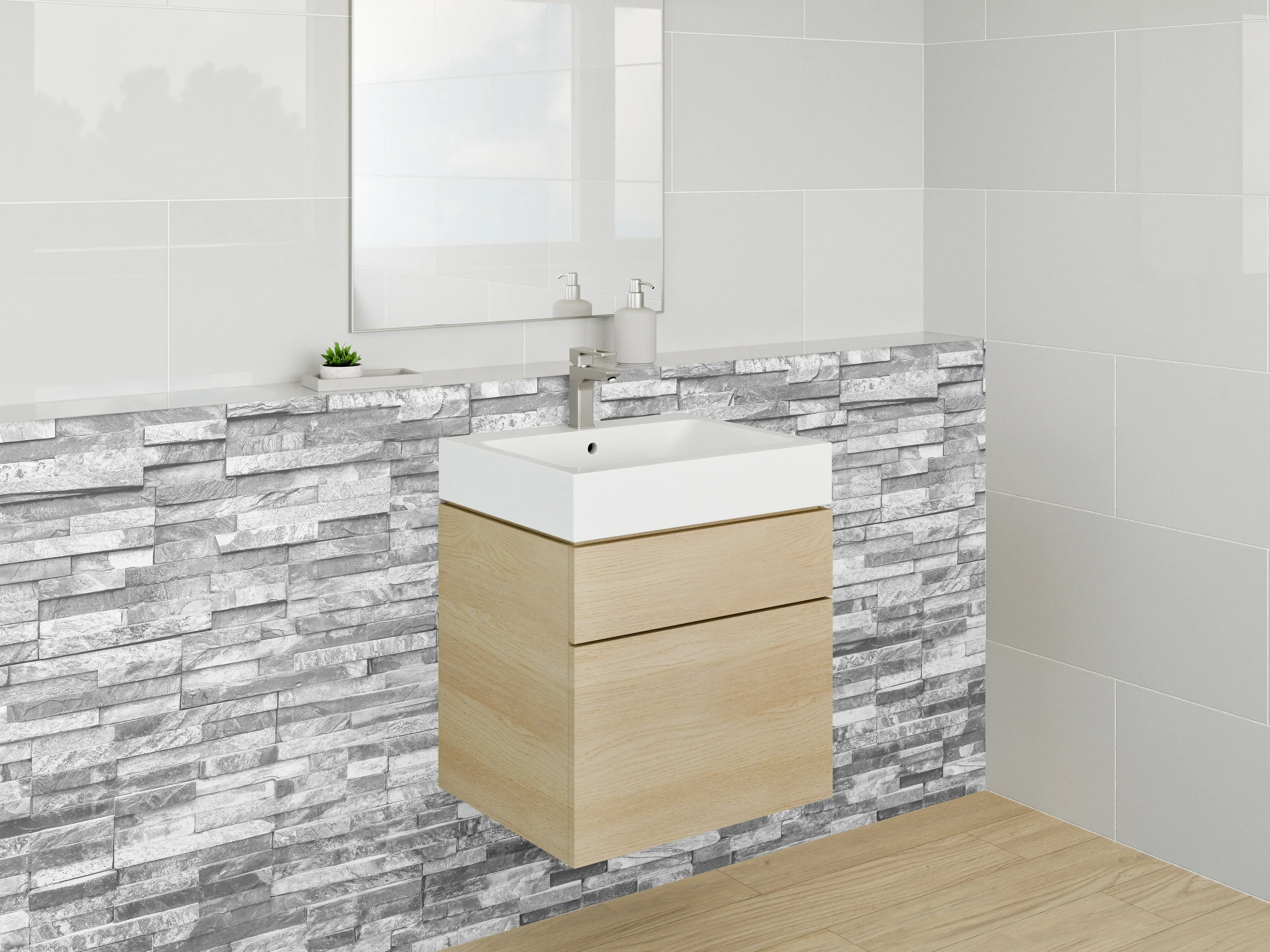 Waschbecken-Rückwand - Weiße Steinoptik Fliesenrückwand modern