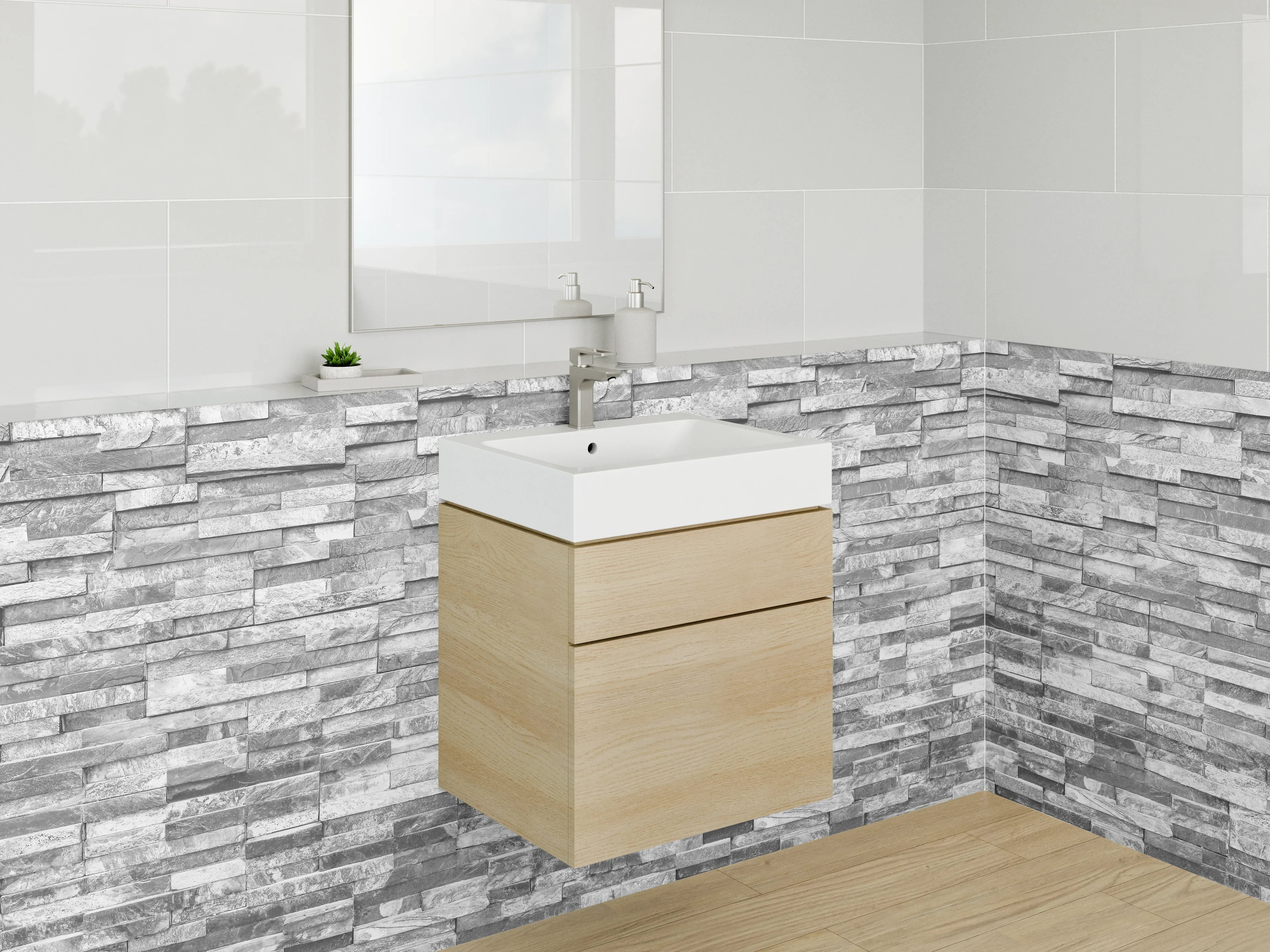 Waschbecken-Rückwand - Weiße Steinoptik Fliesenrückwand modern