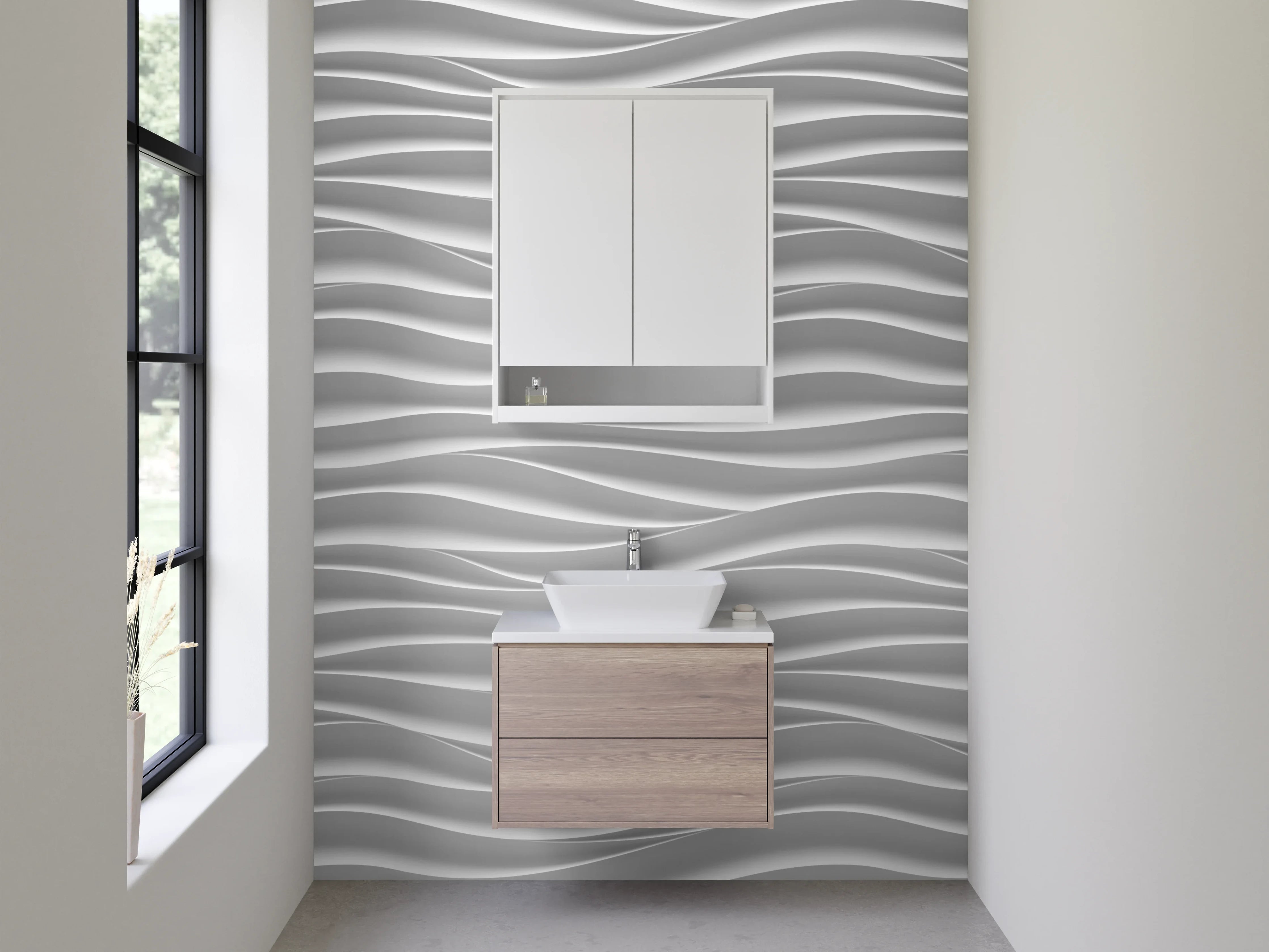 Waschbecken-Rückwand - Weiße Styling-Wand mit eleganten Wellenmuster