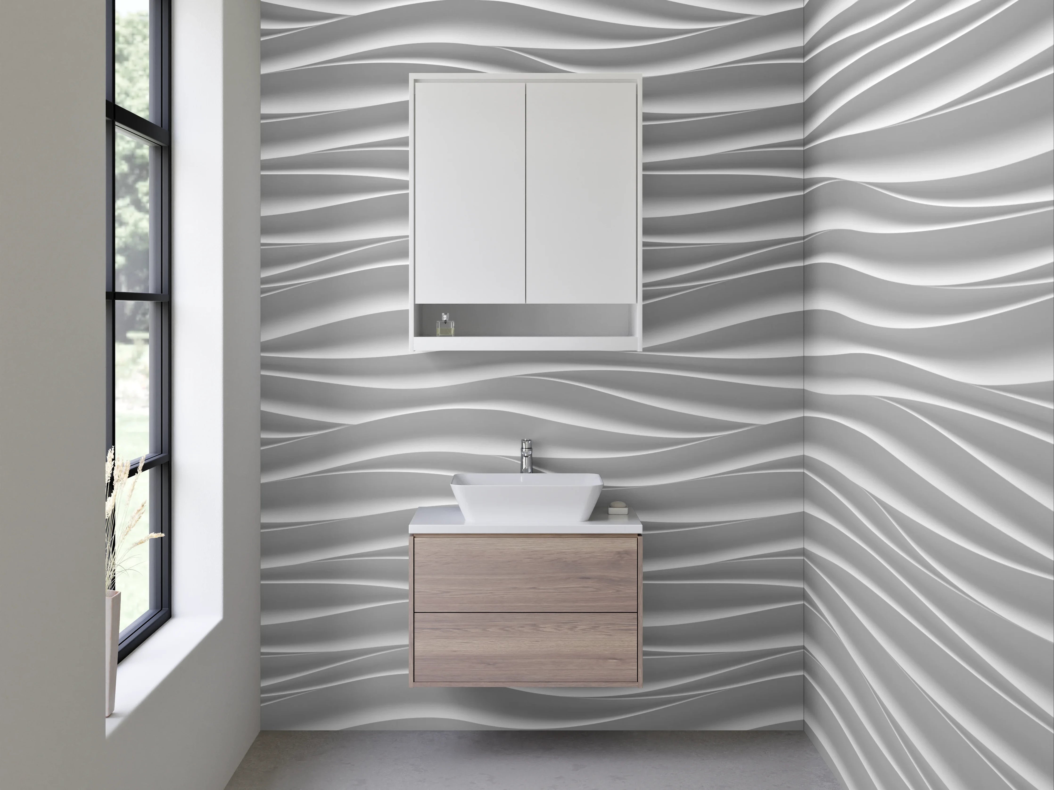 Waschbecken-Rückwand - Weiße Styling-Wand mit eleganten Wellenmuster