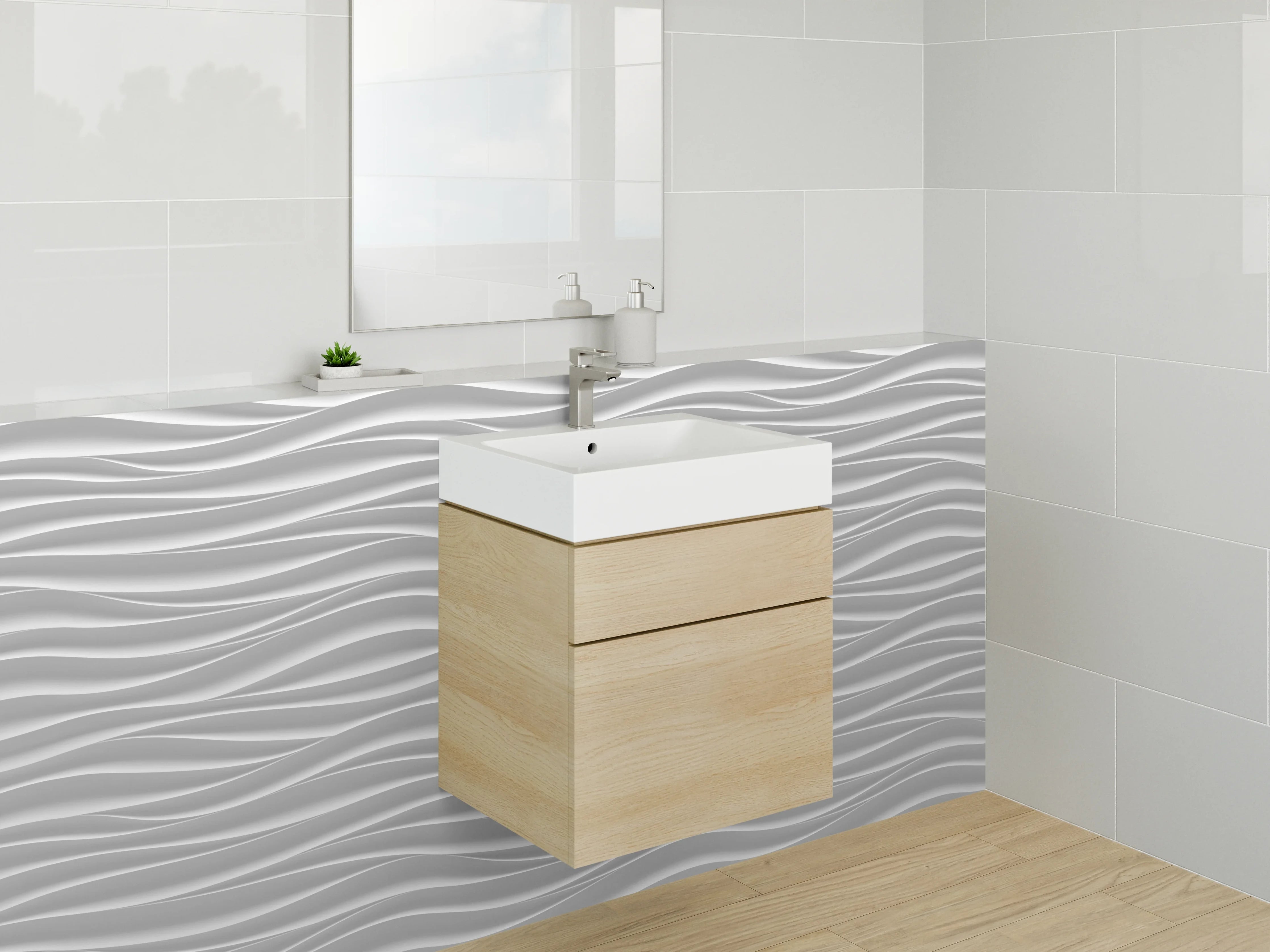 Waschbecken-Rückwand - Weiße Styling-Wand mit eleganten Wellenmuster