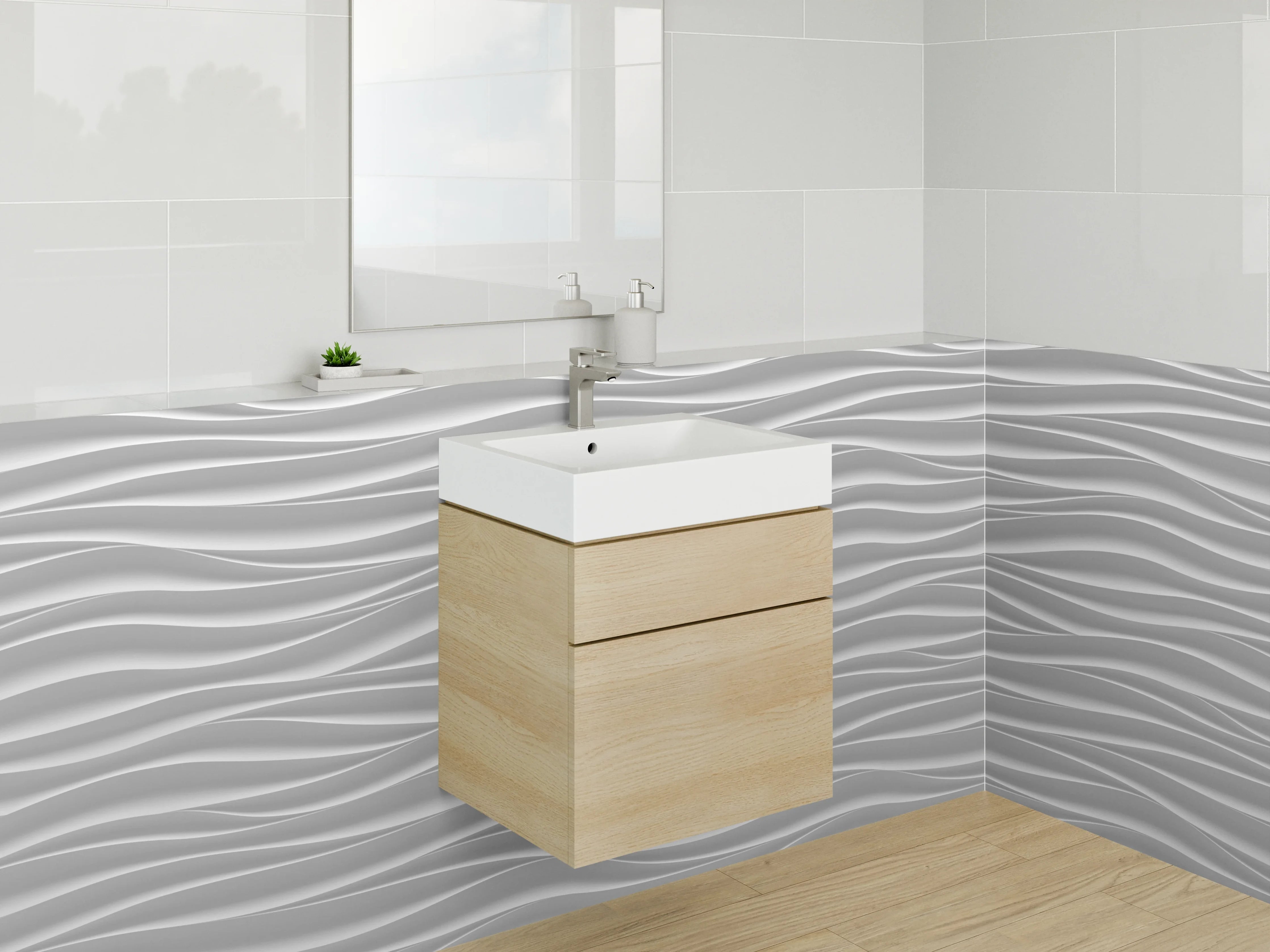 Waschbecken-Rückwand - Weiße Styling-Wand mit eleganten Wellenmuster