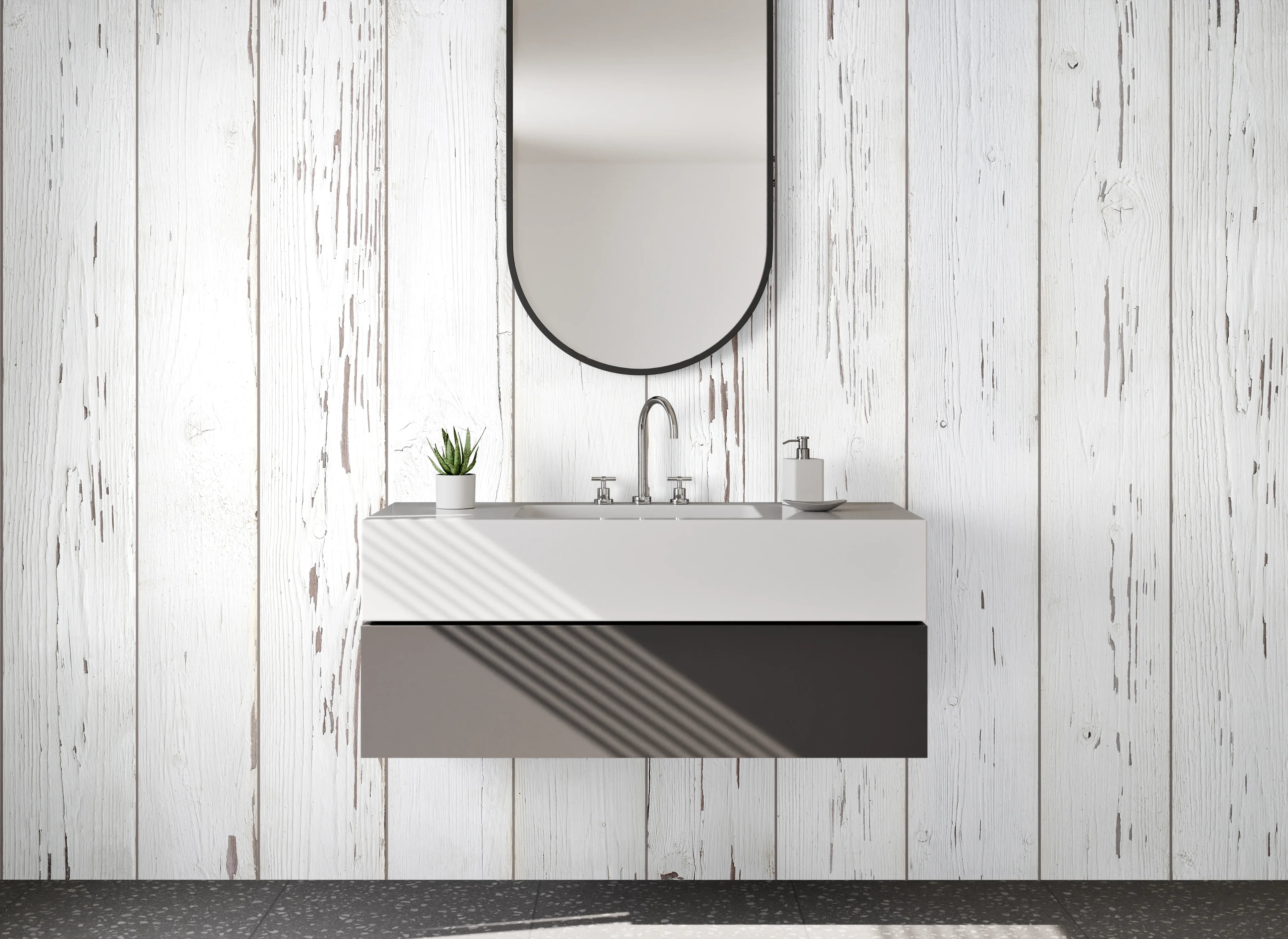 Waschbecken-Rückwand - Weiße Vintage-Holzoptik für Rückwände