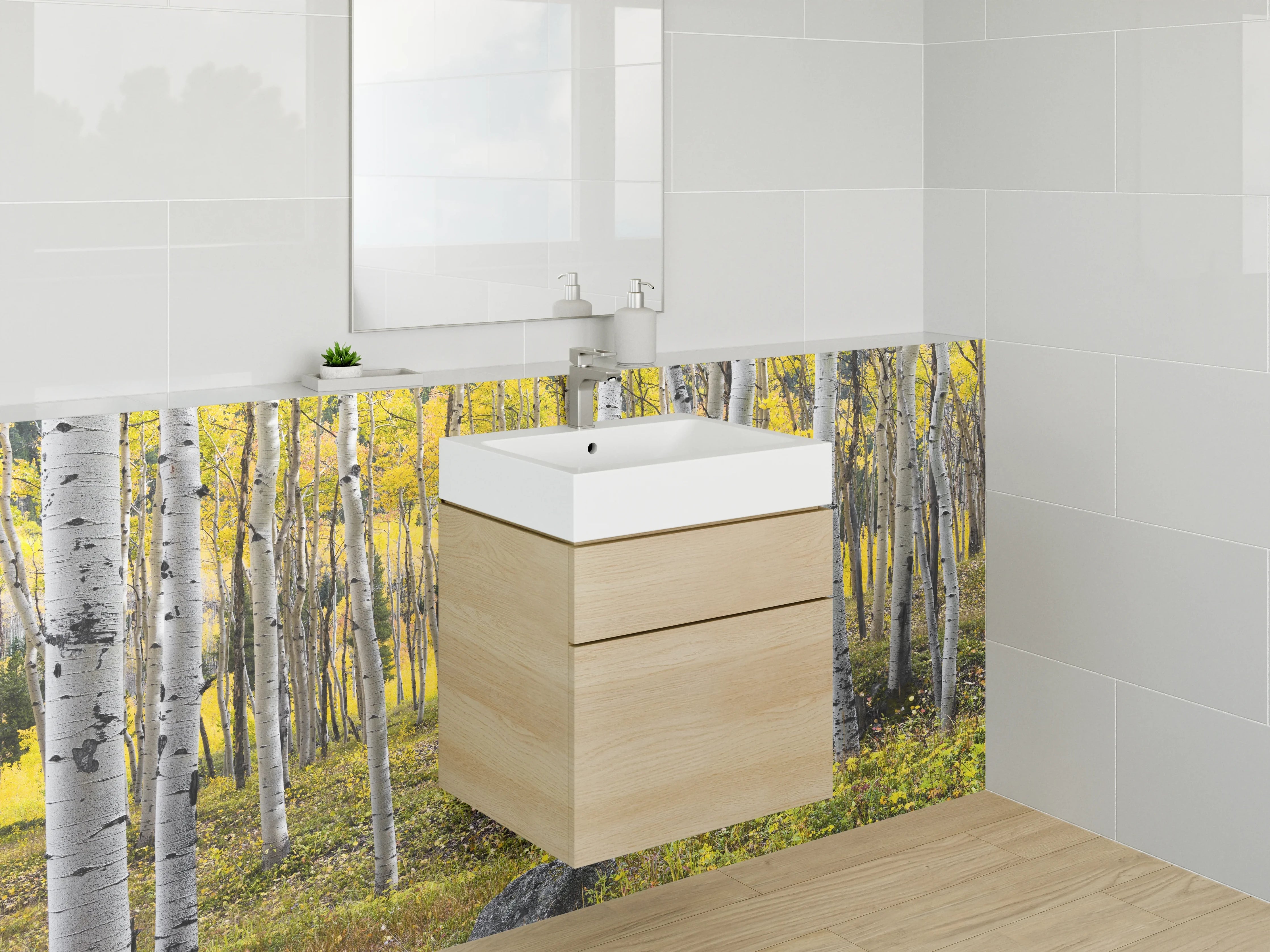 Waschbecken-Rückwand - Weiße Waldlandschaft mit Gelb