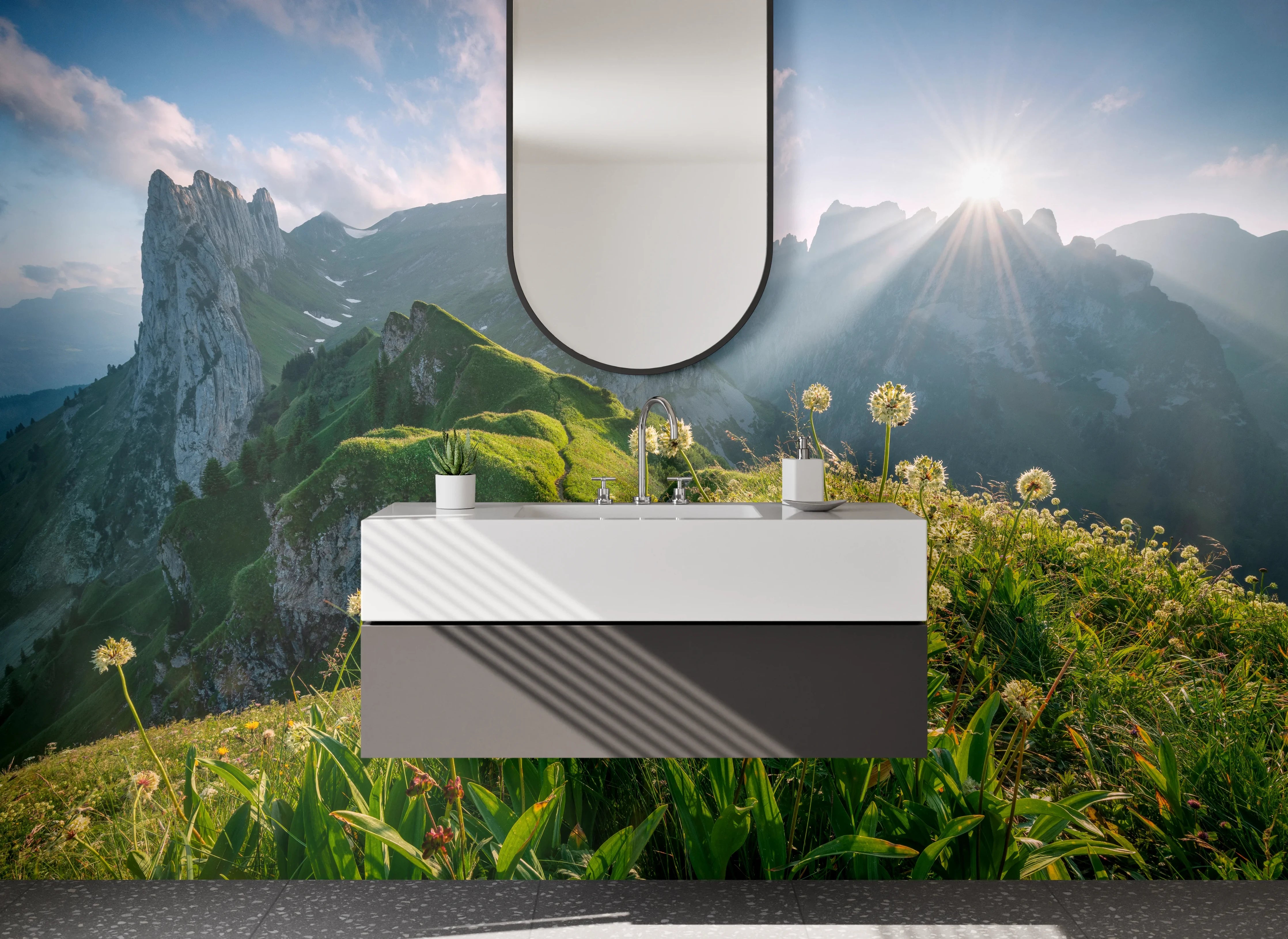 Waschbecken-Rückwand - Weiße Wand mit Grautönen