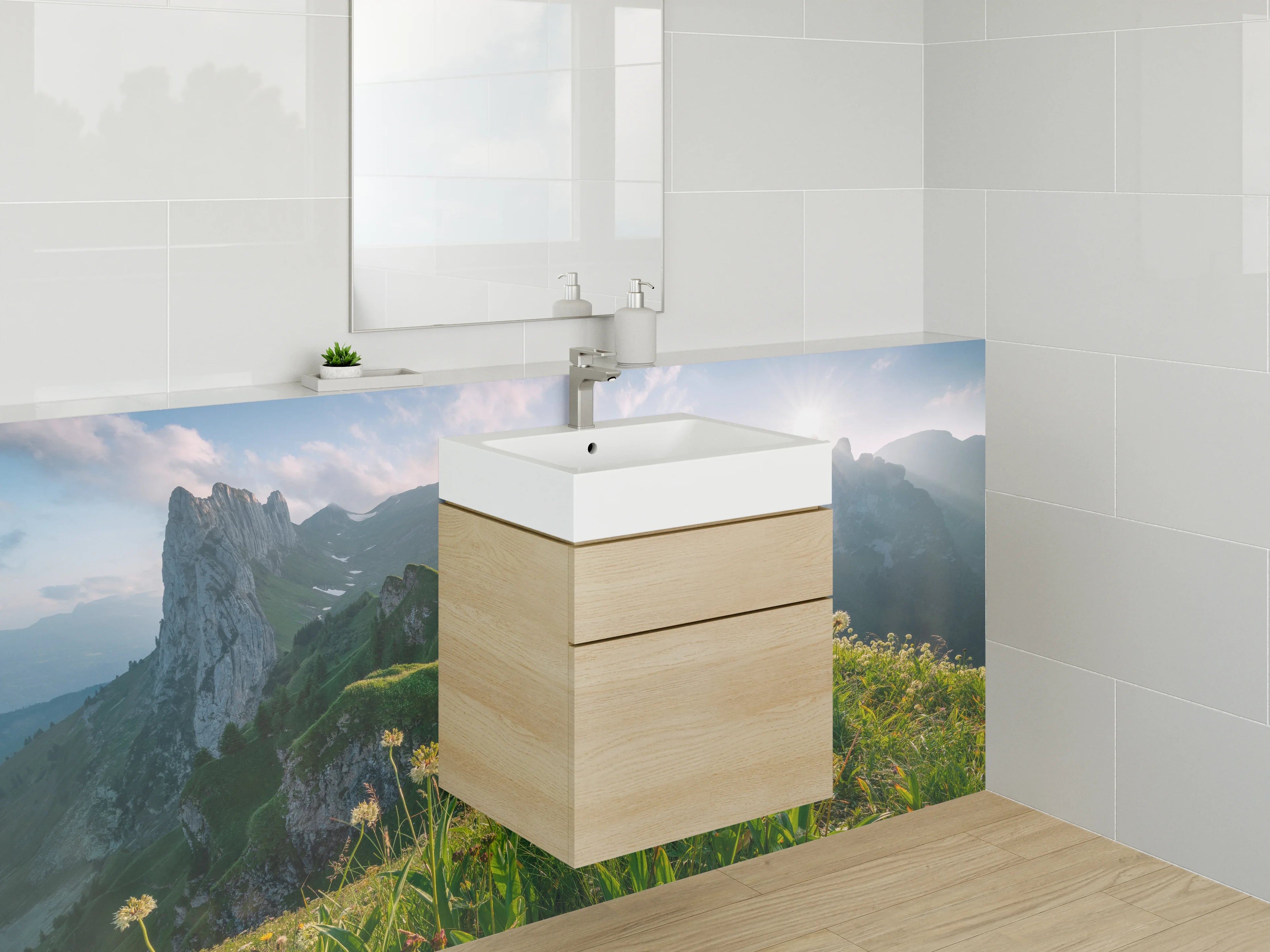 Waschbecken-Rückwand - Weiße Wand mit Grautönen