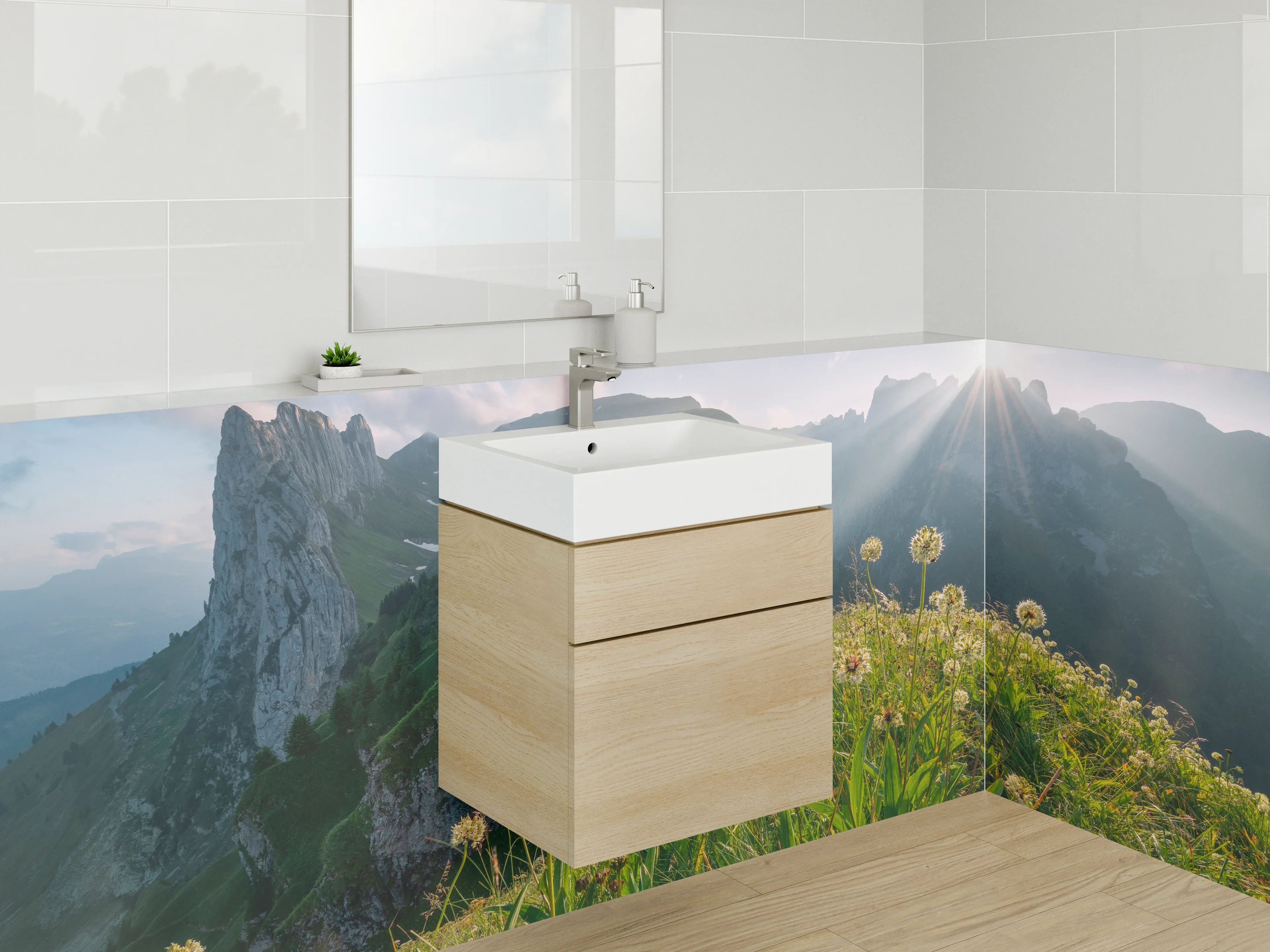 Waschbecken-Rückwand - Weiße Wand mit Grautönen