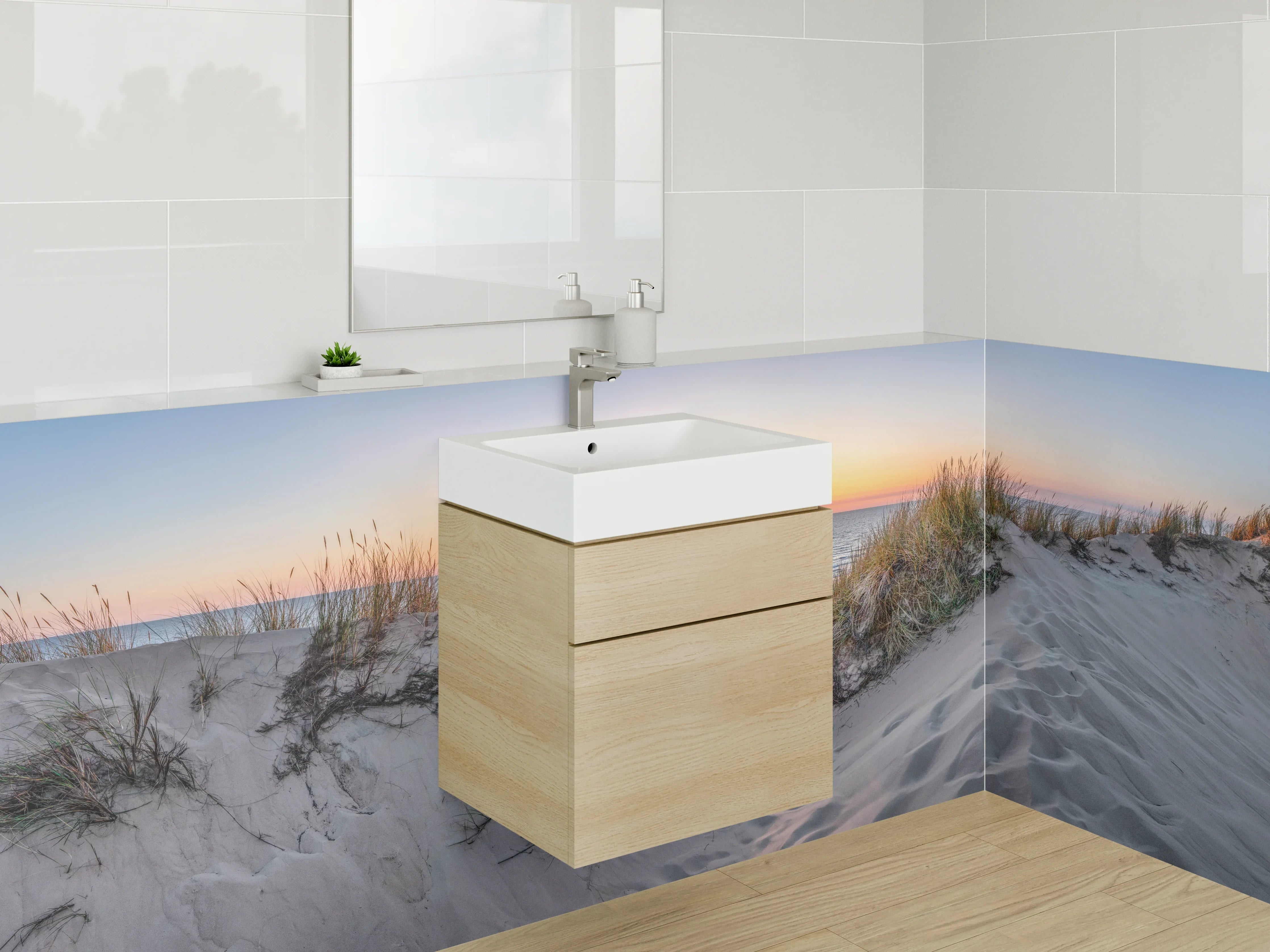 Waschbecken-Rückwand - Weiße Wand mit Grautönen für dein Bad
