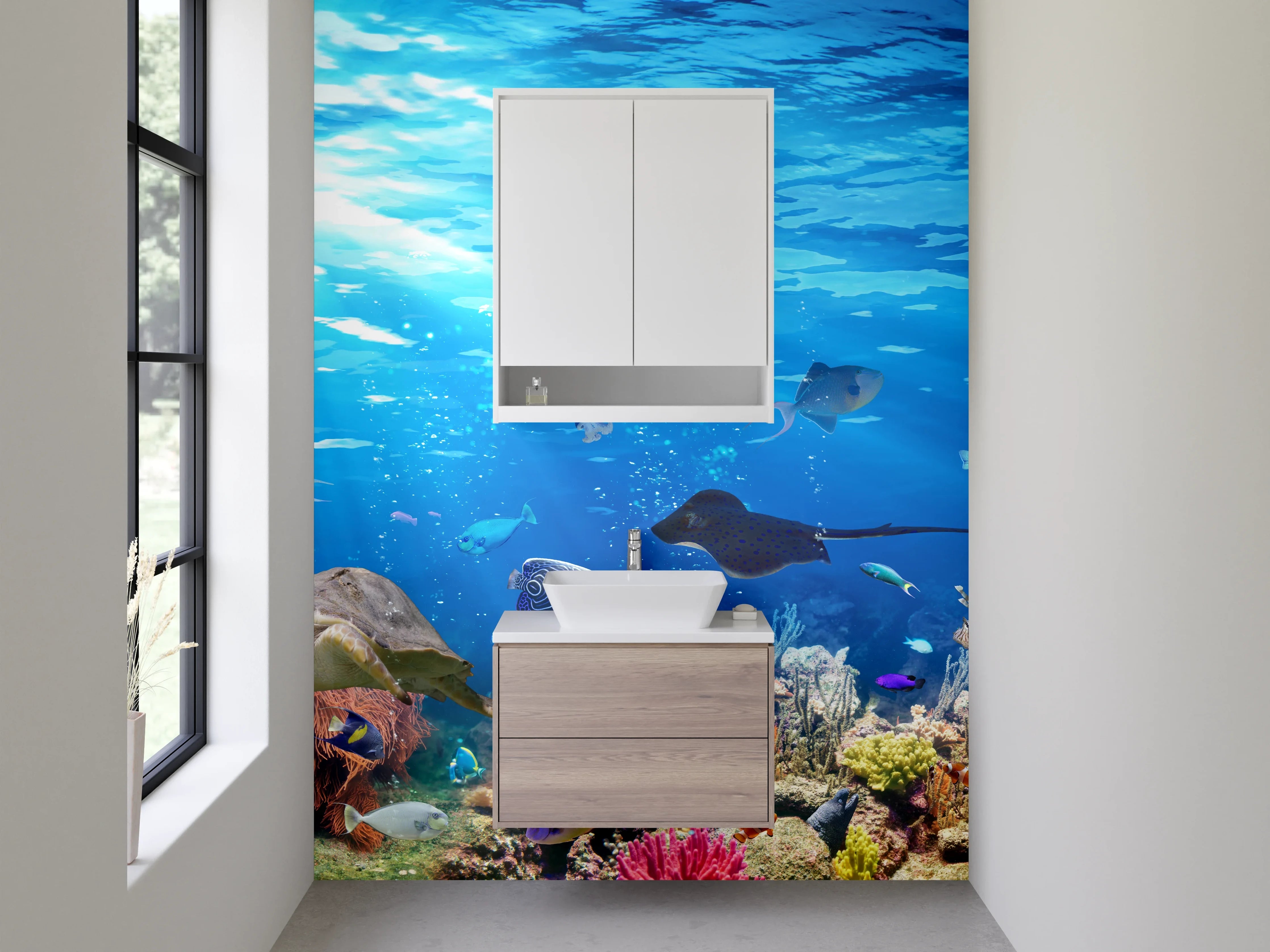 Waschbecken-Rückwand - Weiße Wand mit Grautönen für modernes Badezimmer