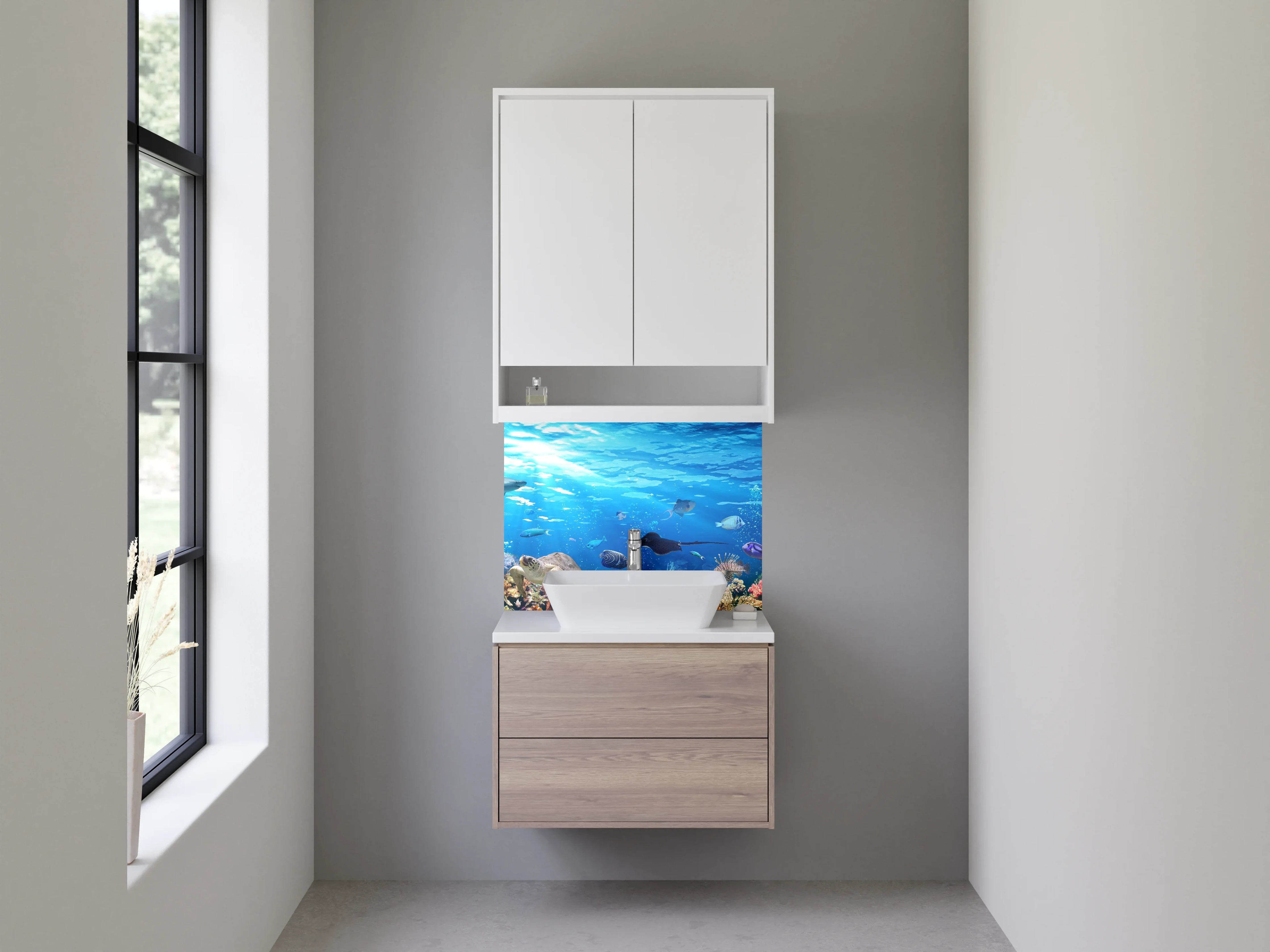 Waschbecken-Rückwand - Weiße Wand mit Grautönen für modernes Badezimmer