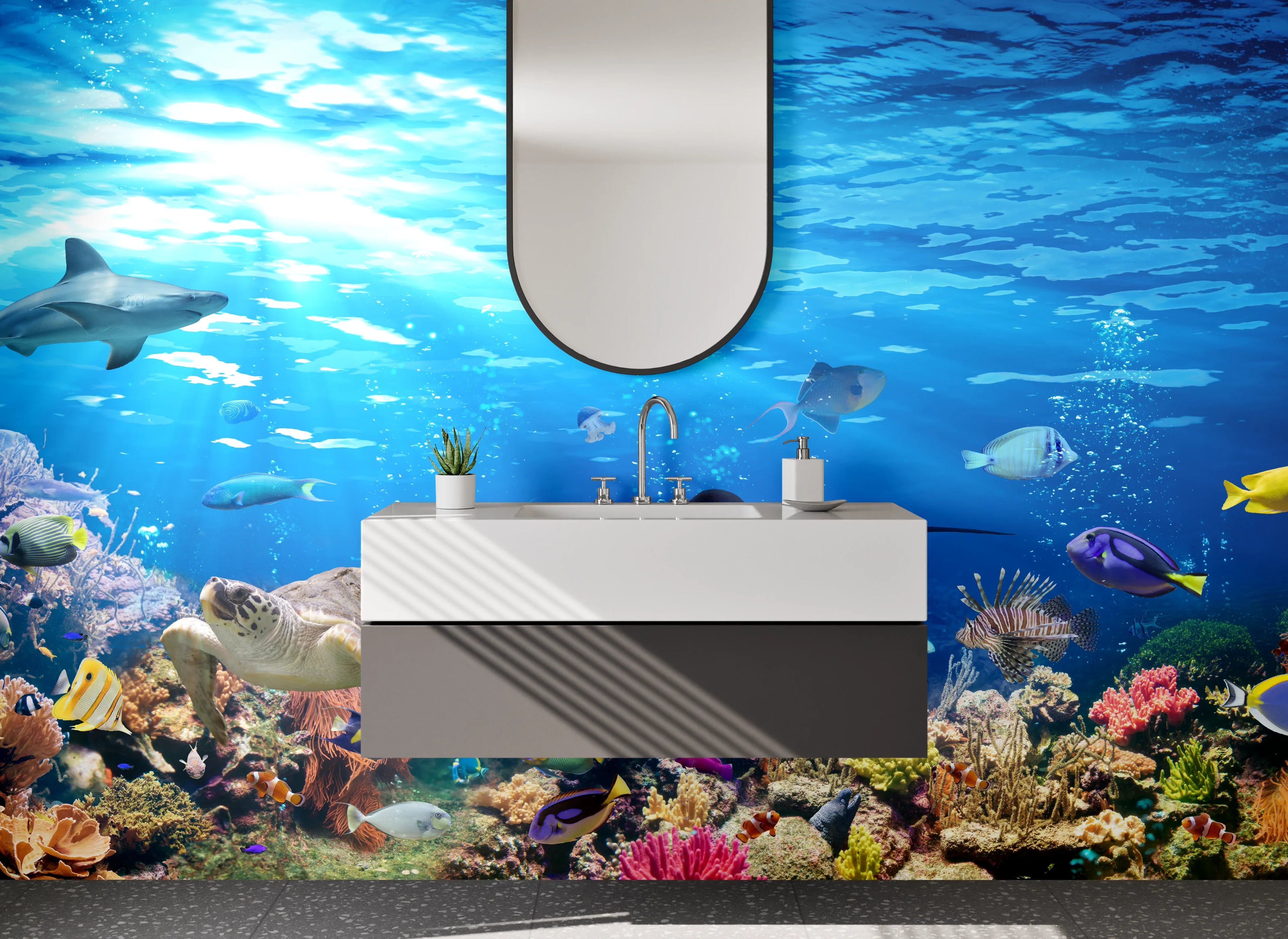 Waschbecken-Rückwand - Weiße Wand mit Grautönen für modernes Badezimmer