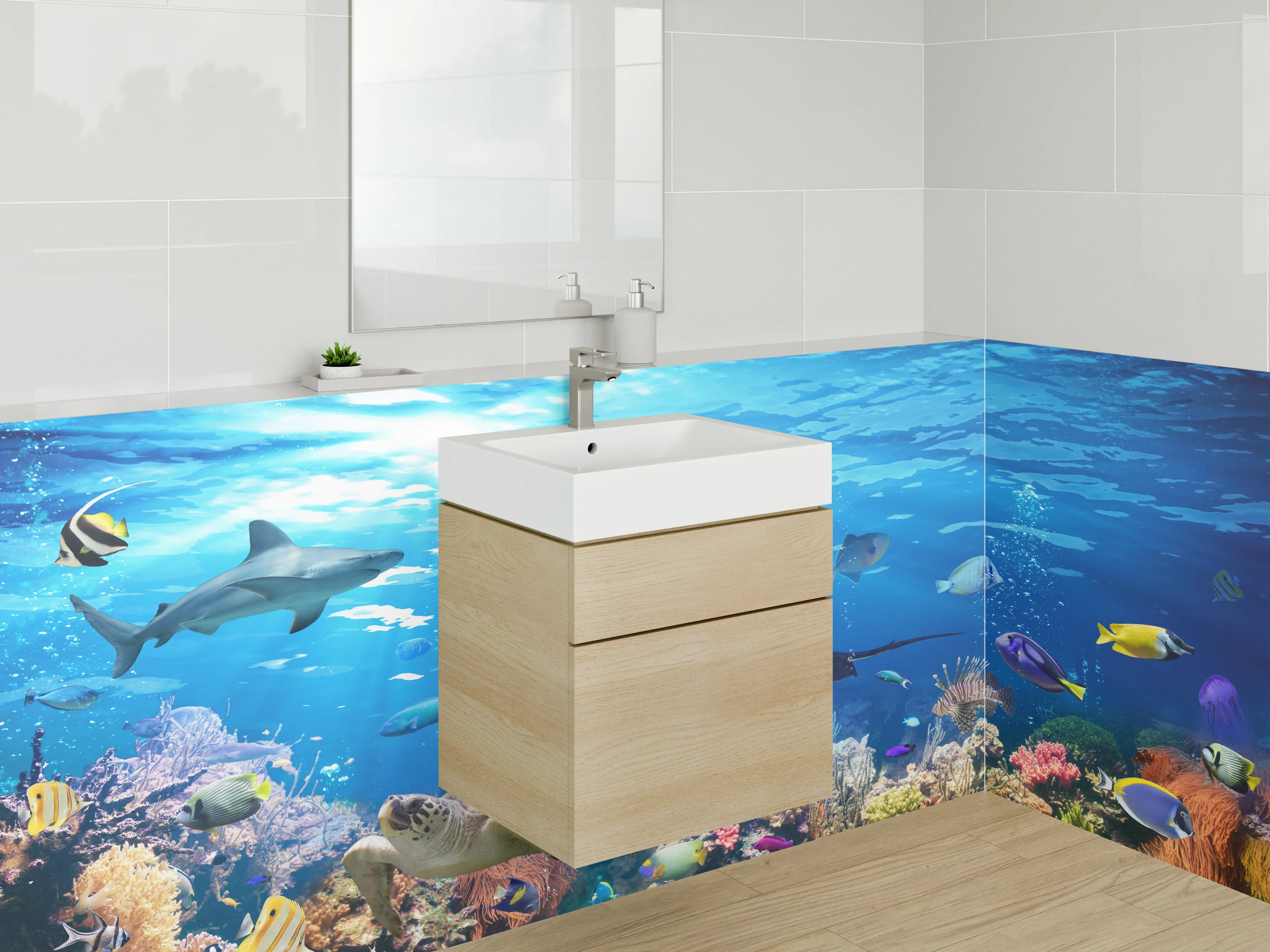 Waschbecken-Rückwand - Weiße Wand mit Grautönen für modernes Badezimmer