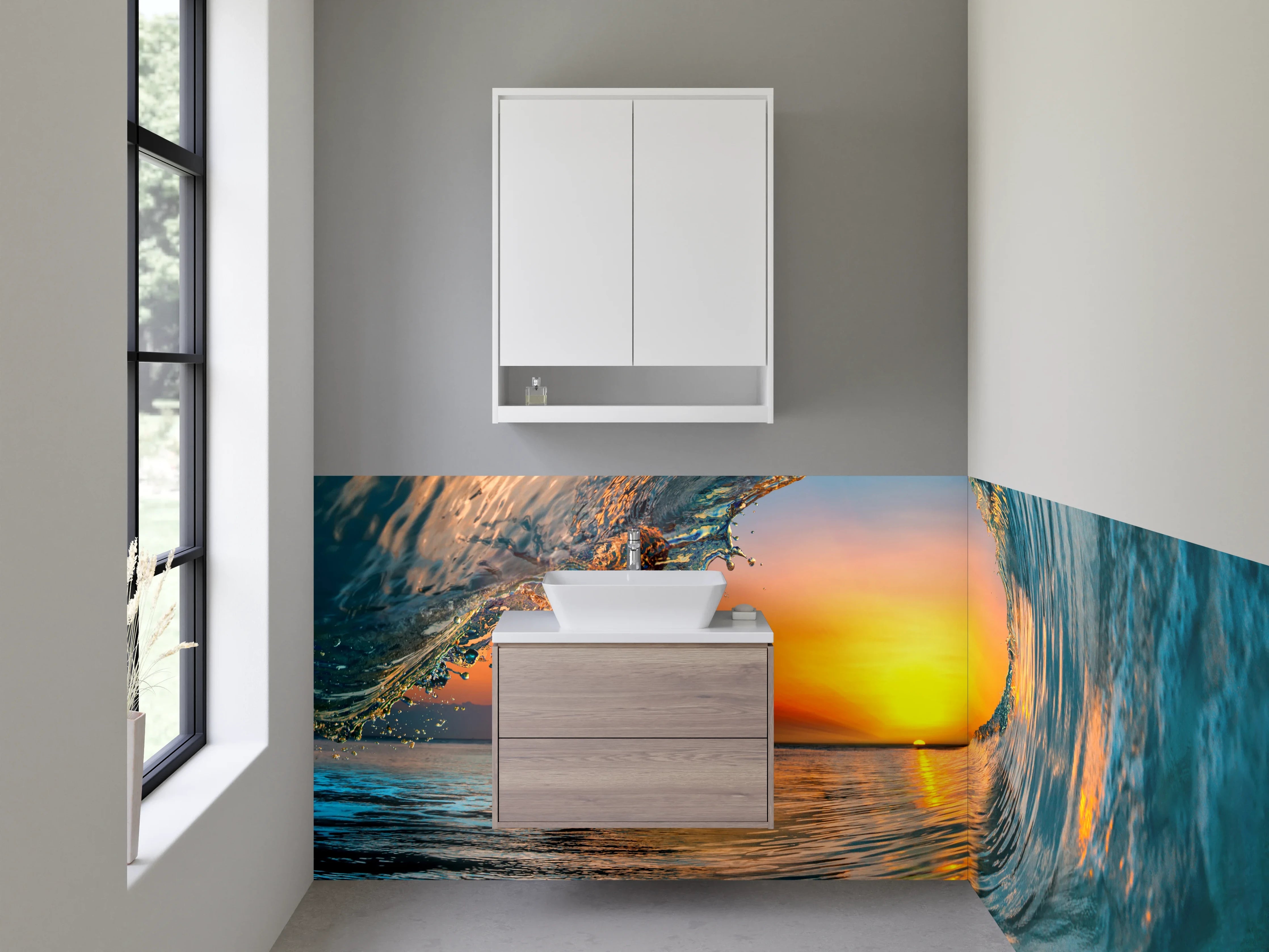 Waschbecken-Rückwand - Weiße Wand mit Grautönen und Wasser