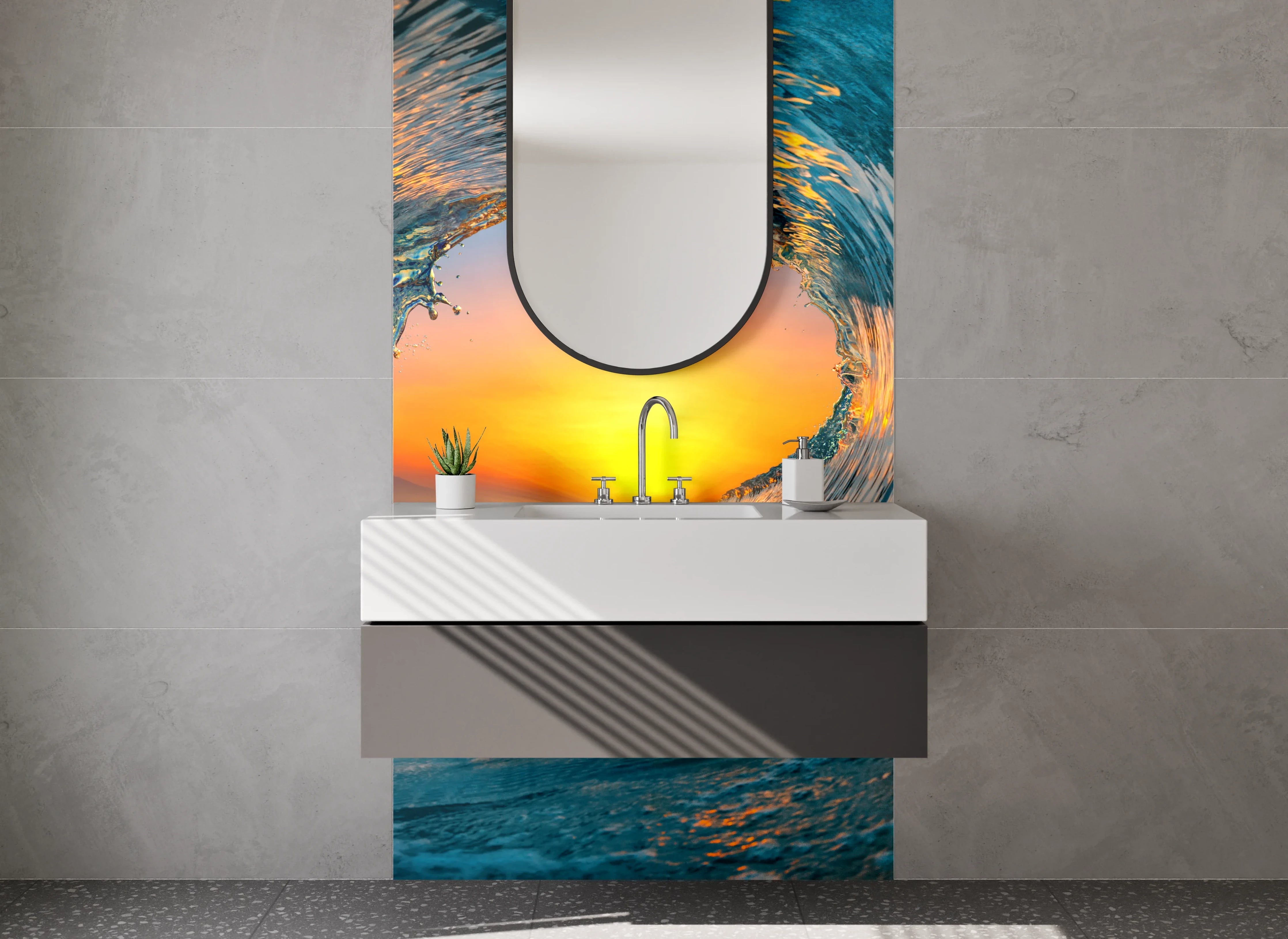 Waschbecken-Rückwand - Weiße Wand mit Grautönen und Wasser