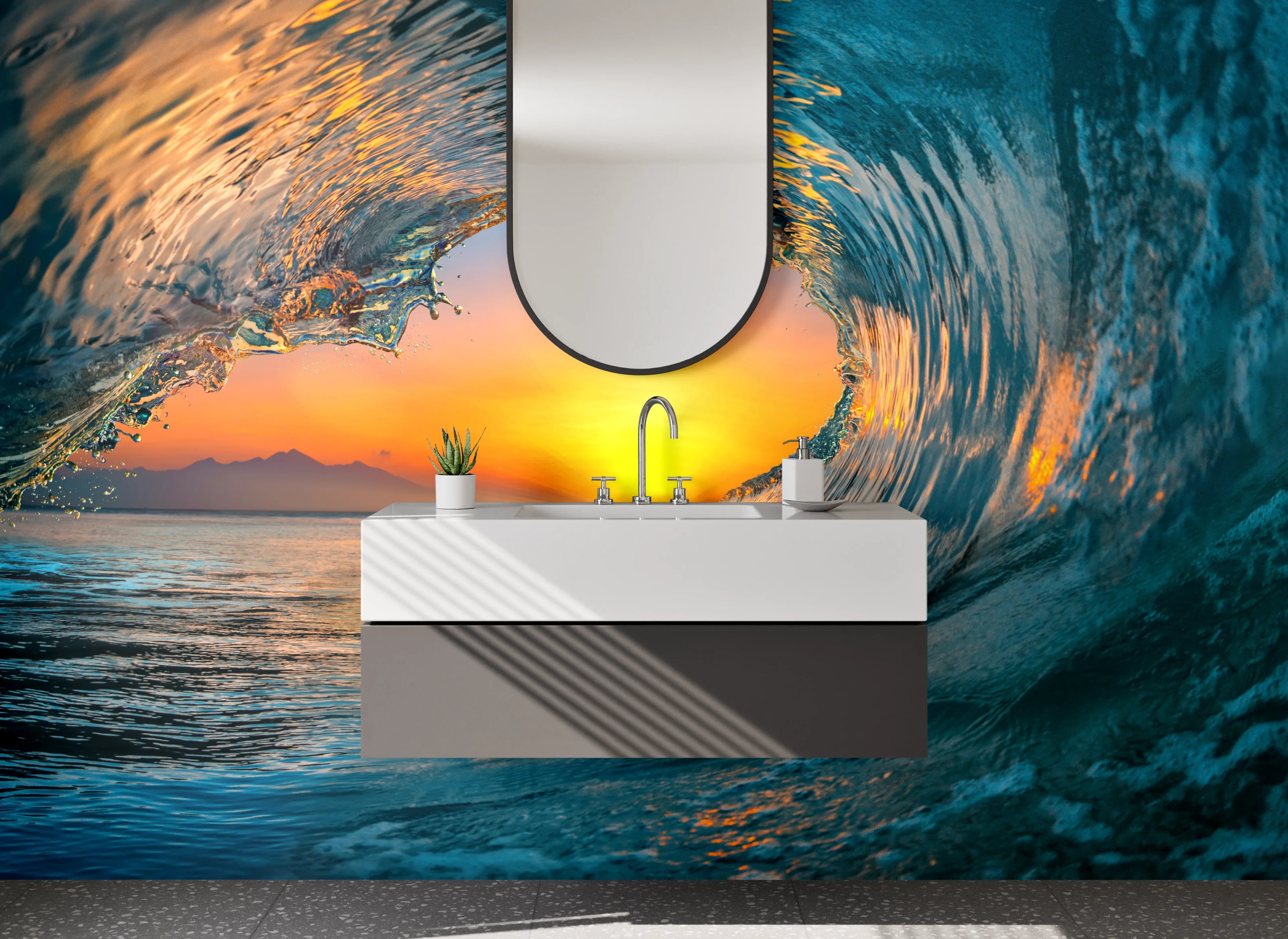 Waschbecken-Rückwand - Weiße Wand mit Grautönen und Wasser