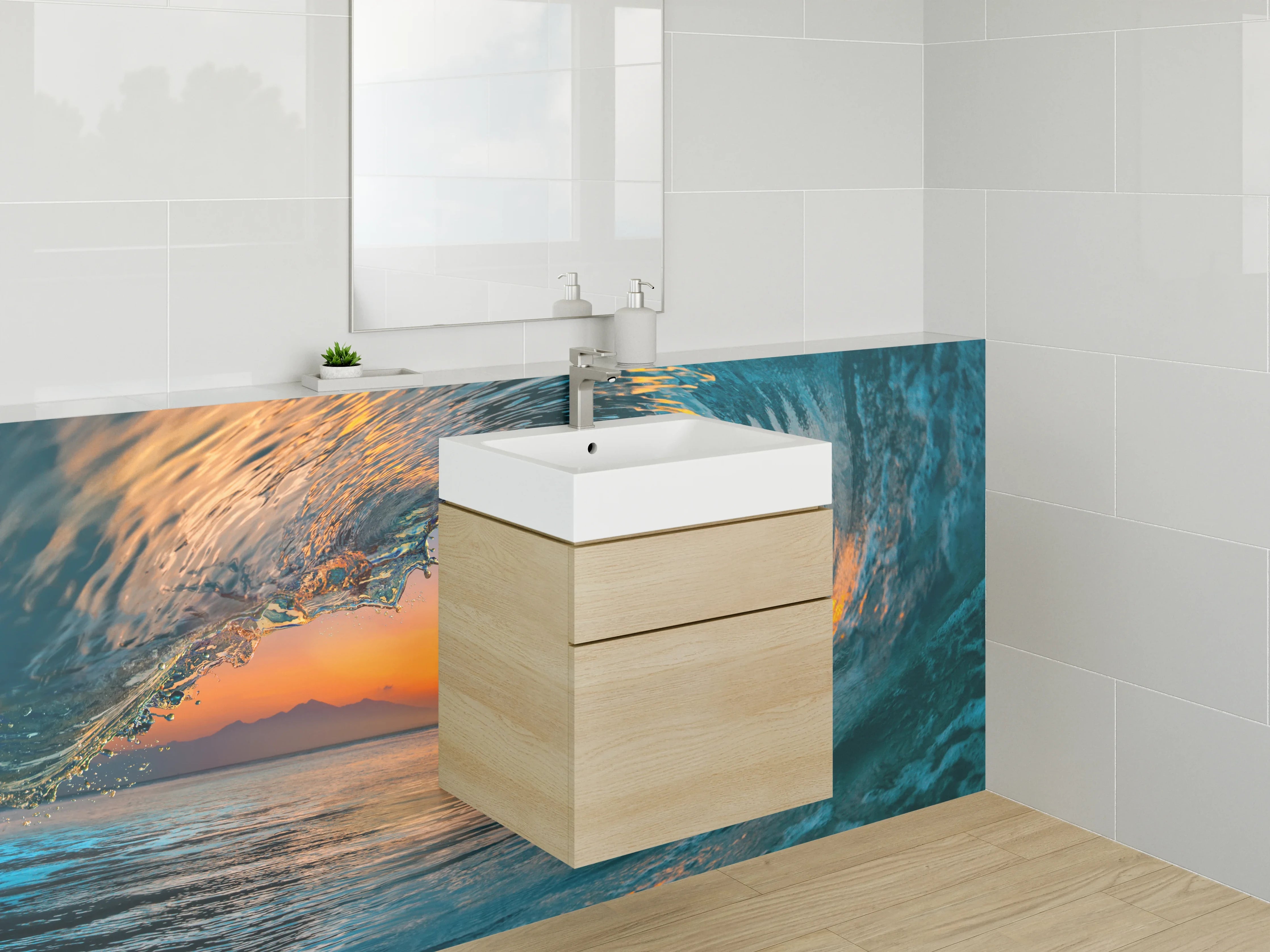 Waschbecken-Rückwand - Weiße Wand mit Grautönen und Wasser