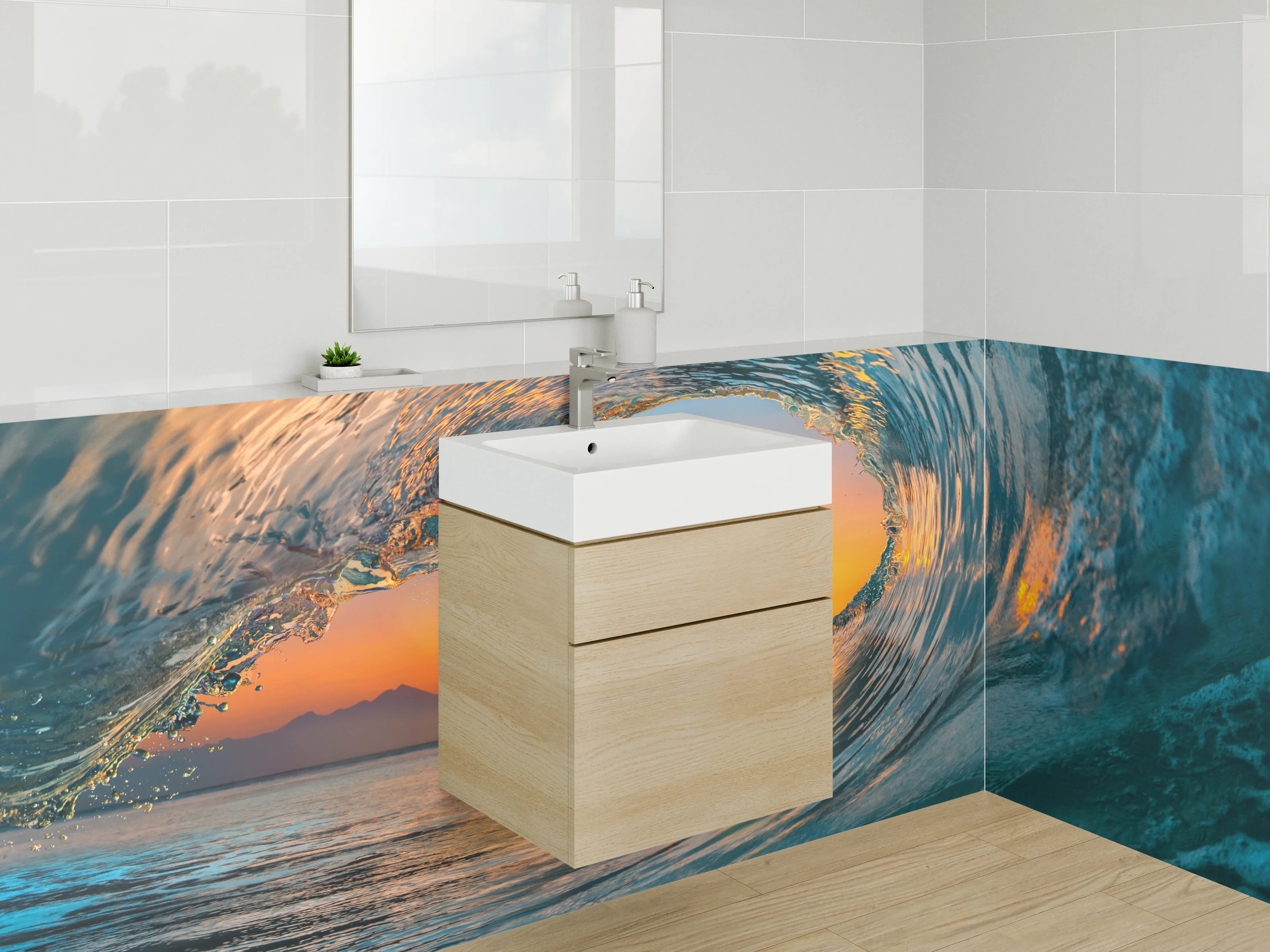 Waschbecken-Rückwand - Weiße Wand mit Grautönen und Wasser