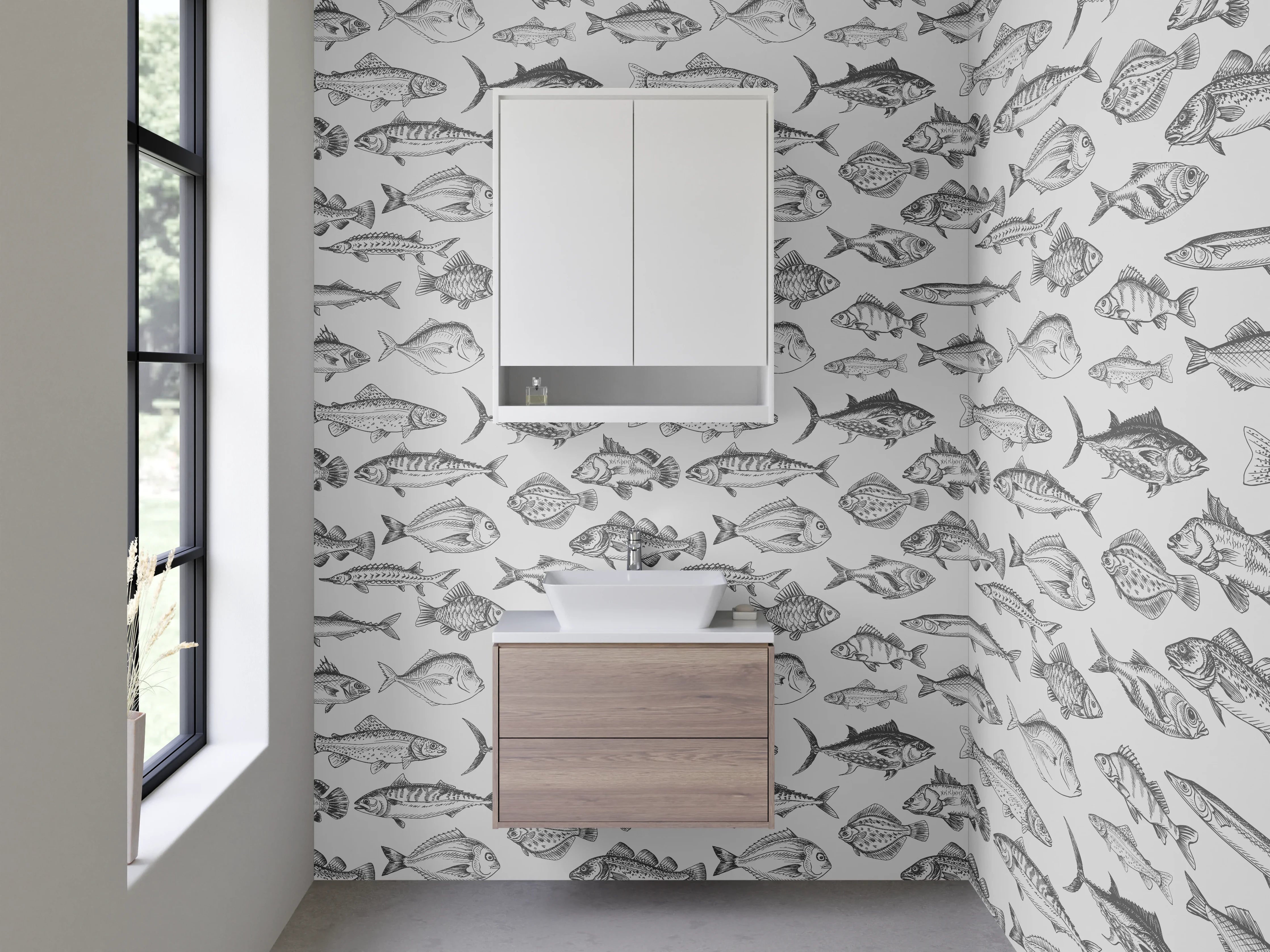 Waschbecken-Rückwand - Weiße Wand mit grauen Fischmustern