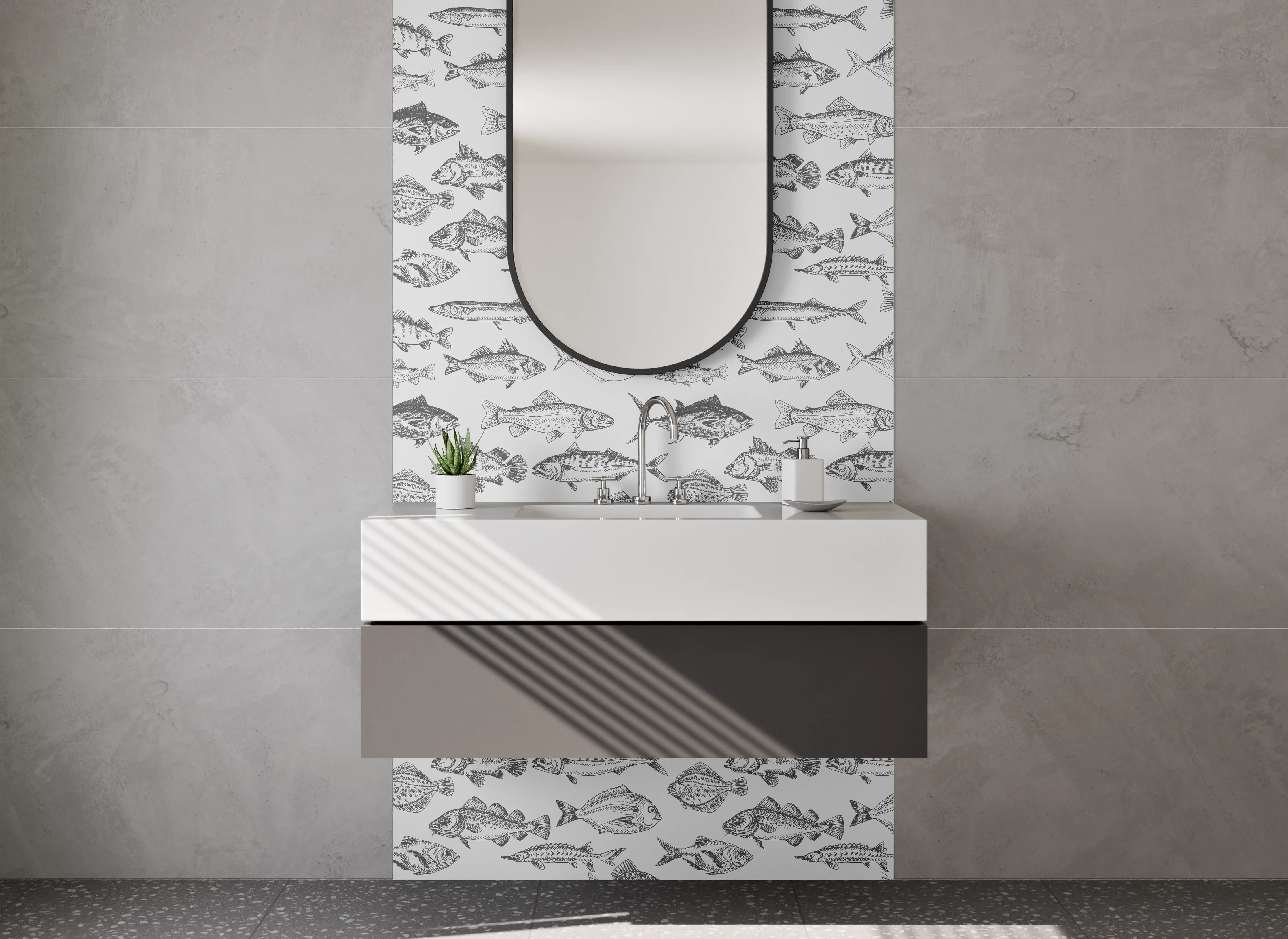 Waschbecken-Rückwand - Weiße Wand mit grauen Fischmustern