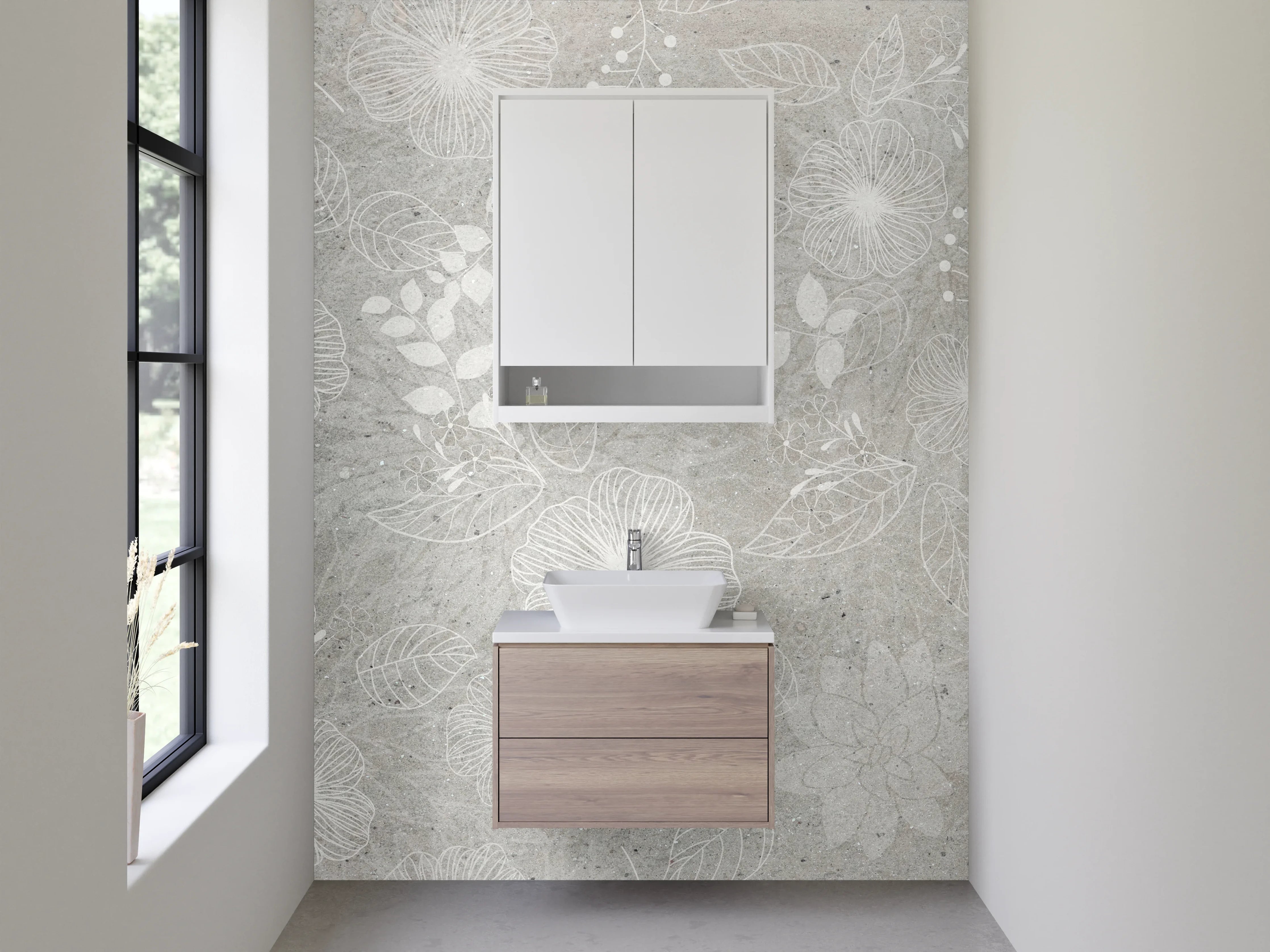 Waschbecken-Rückwand - Weiße florale Muster Fliesen Grau