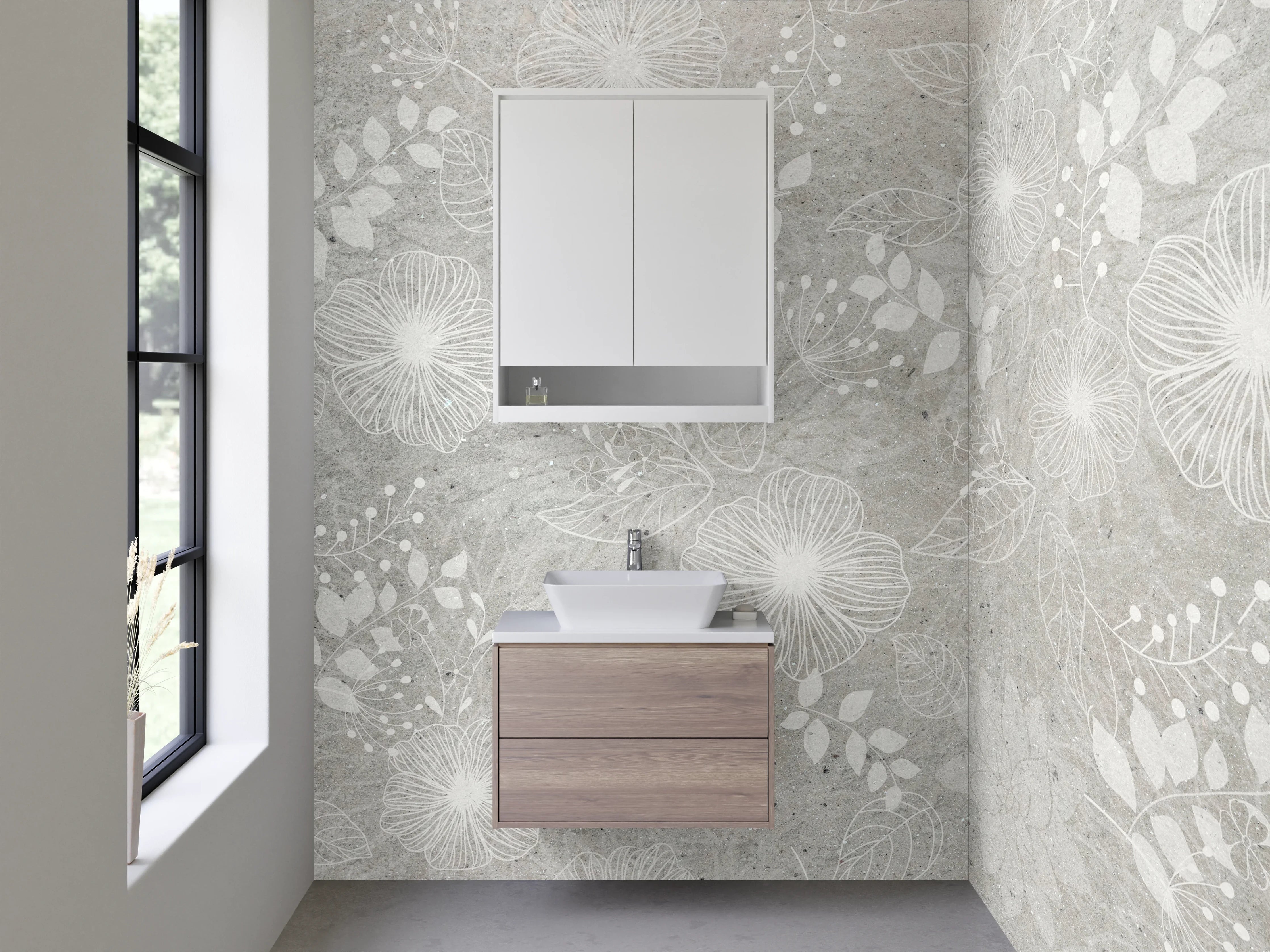 Waschbecken-Rückwand - Weiße florale Muster Fliesen Grau
