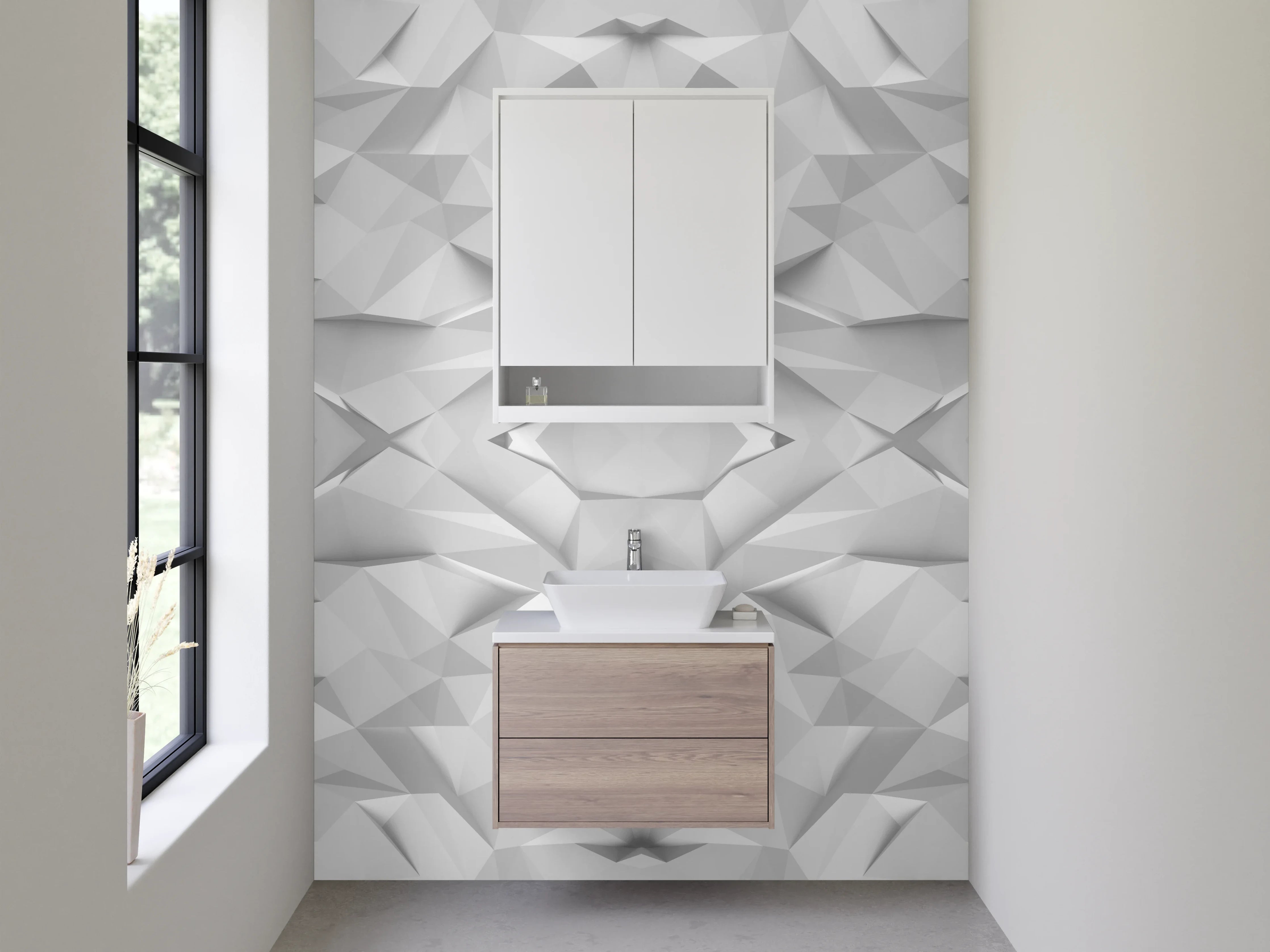 Waschbecken-Rückwand - Weiße geometrische 3D-Polygon Struktur