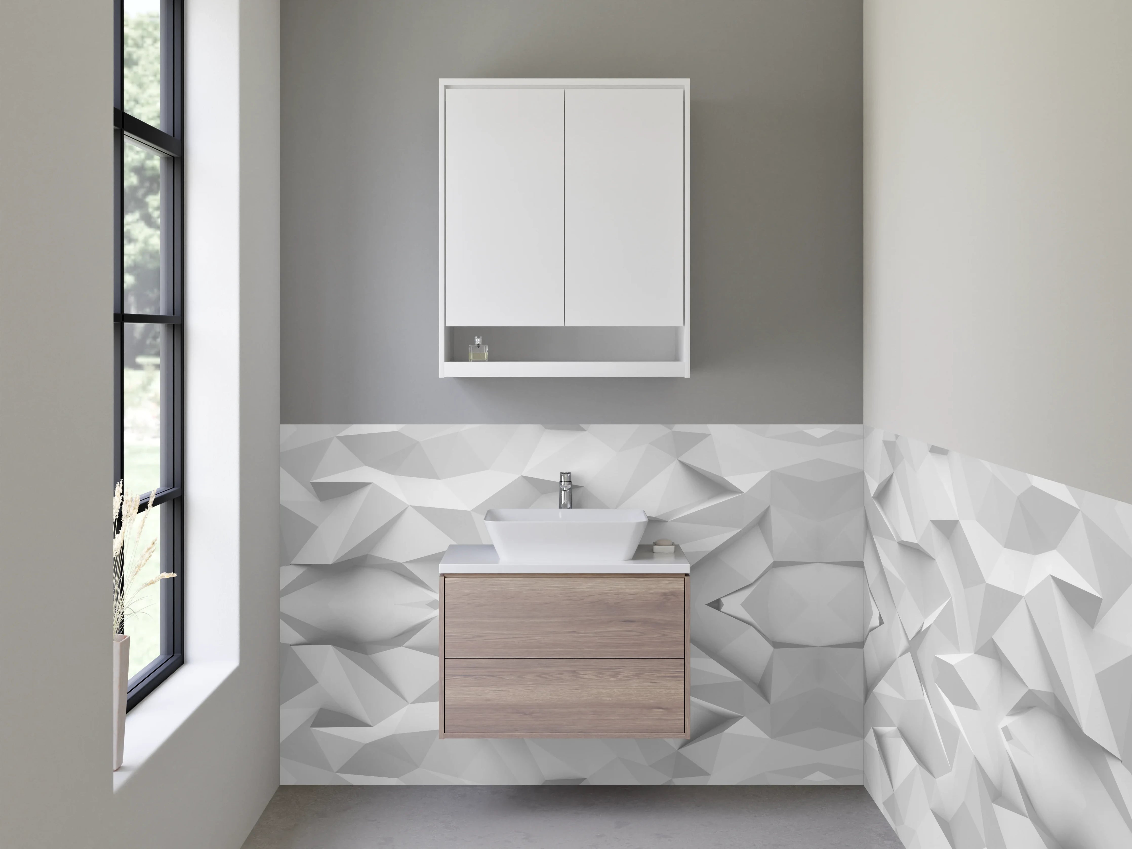 Waschbecken-Rückwand - Weiße geometrische 3D-Polygon Struktur