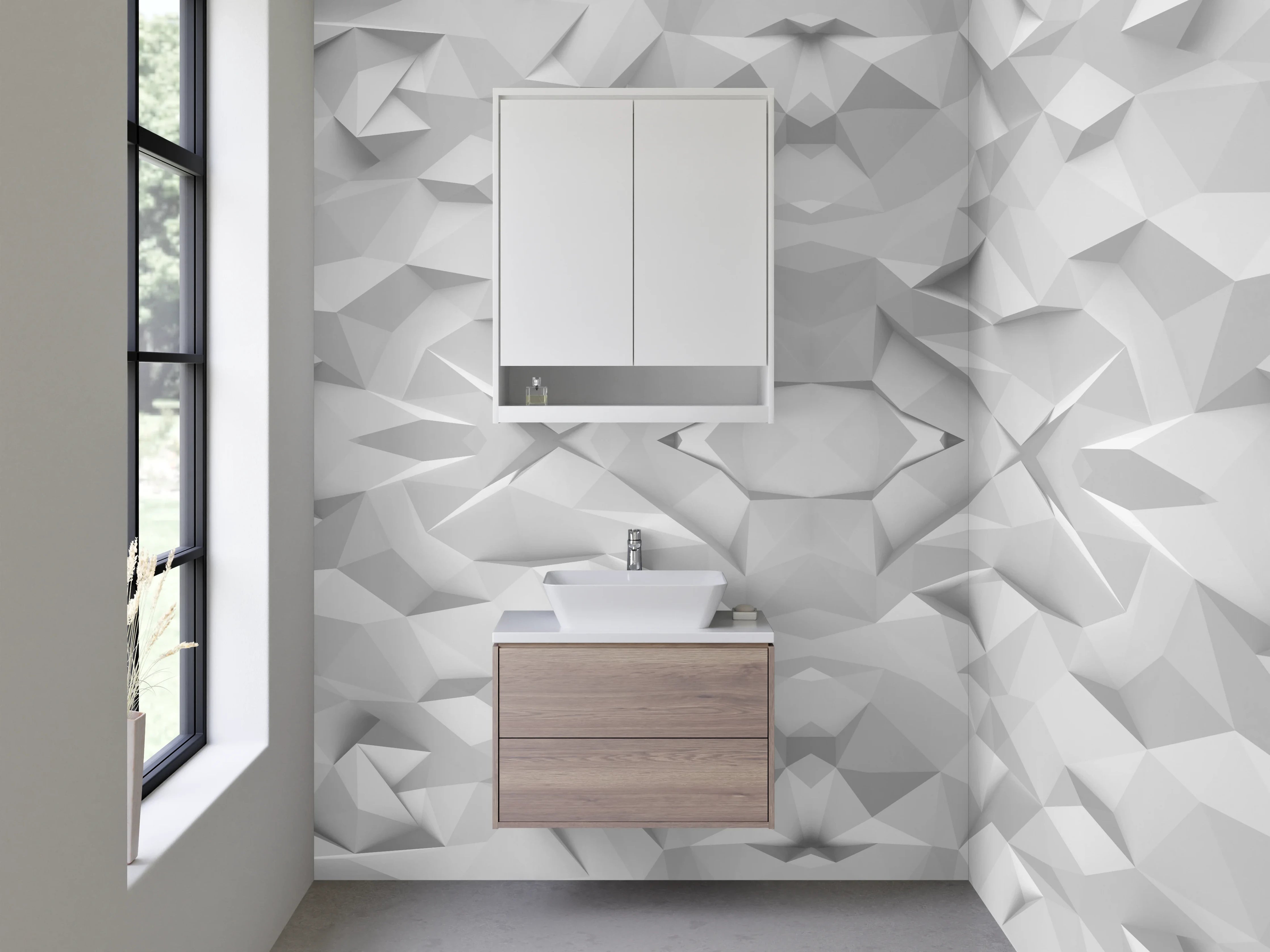 Waschbecken-Rückwand - Weiße geometrische 3D-Polygon Struktur