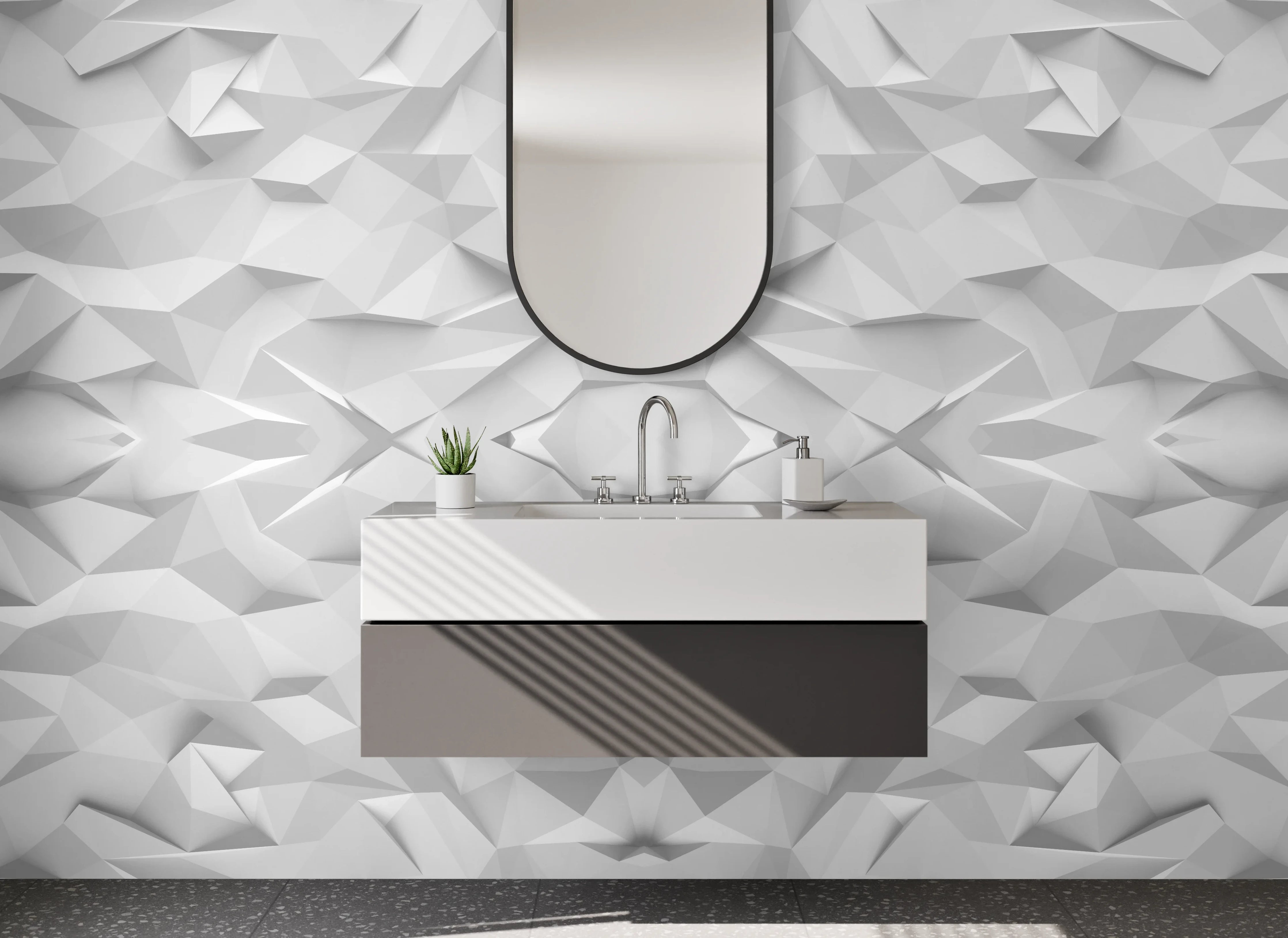 Waschbecken-Rückwand - Weiße geometrische 3D-Polygon Struktur
