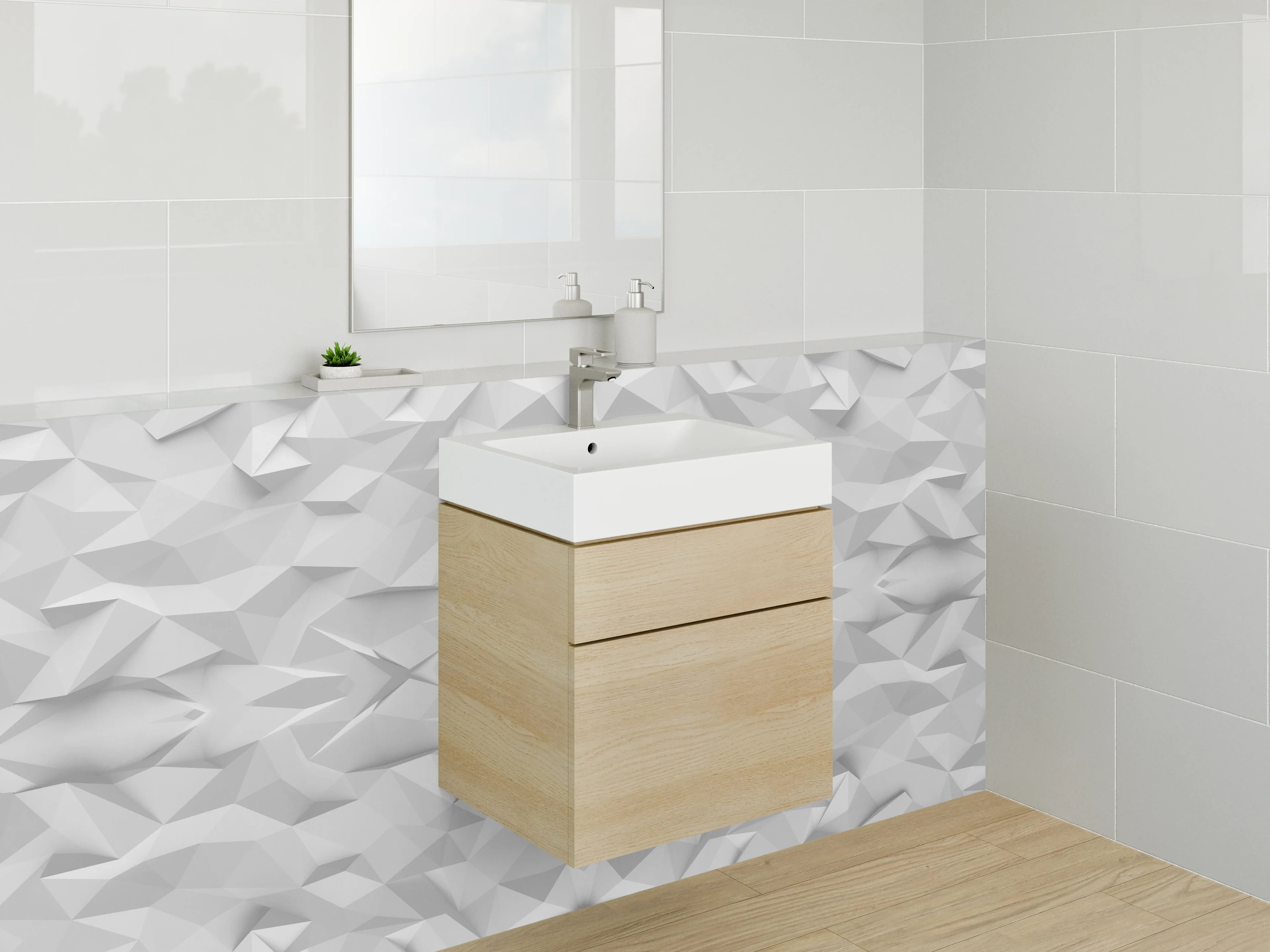 Waschbecken-Rückwand - Weiße geometrische 3D-Polygon Struktur