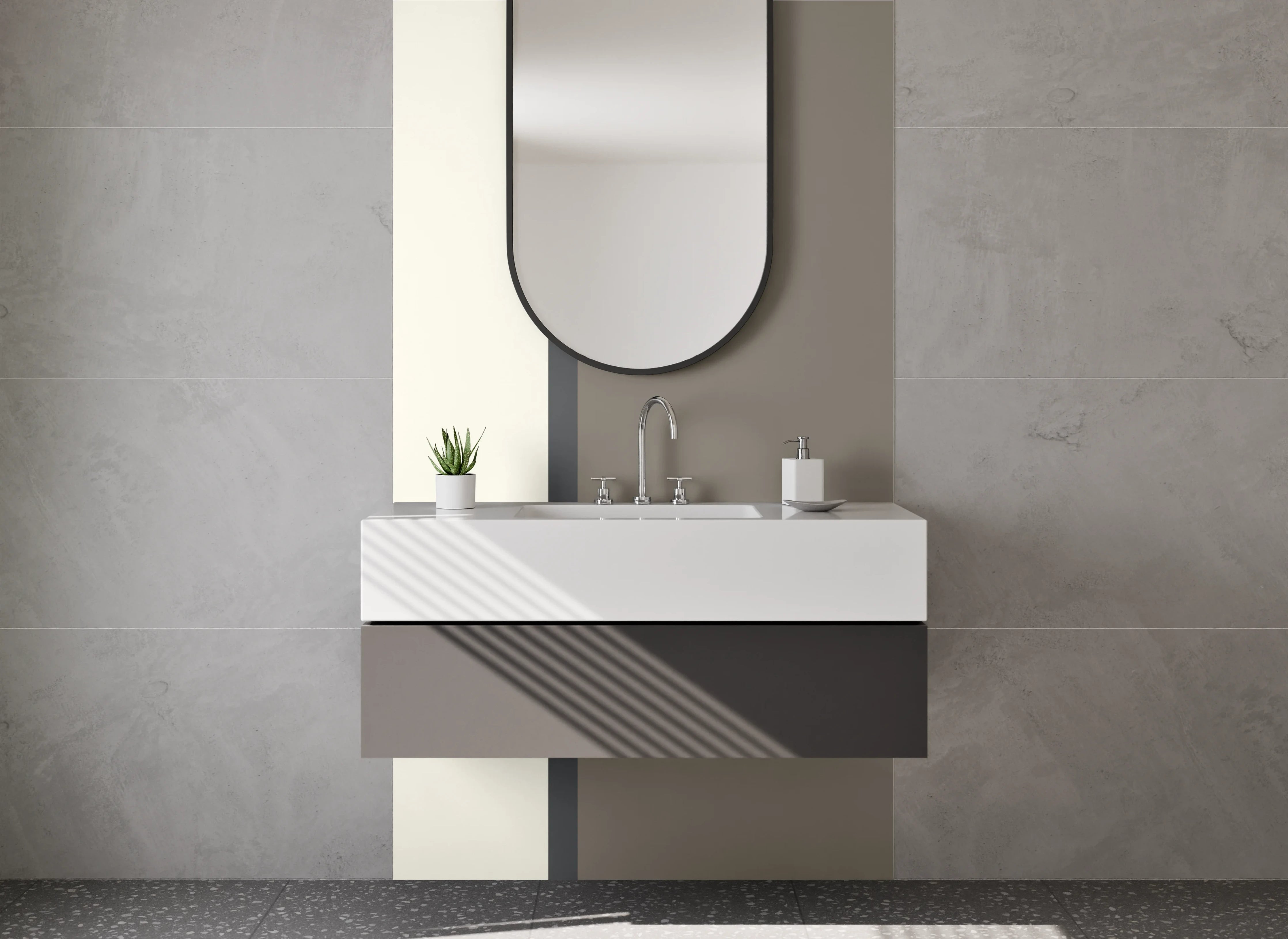 Waschbecken-Rückwand - Weiße und graue Farbflächen