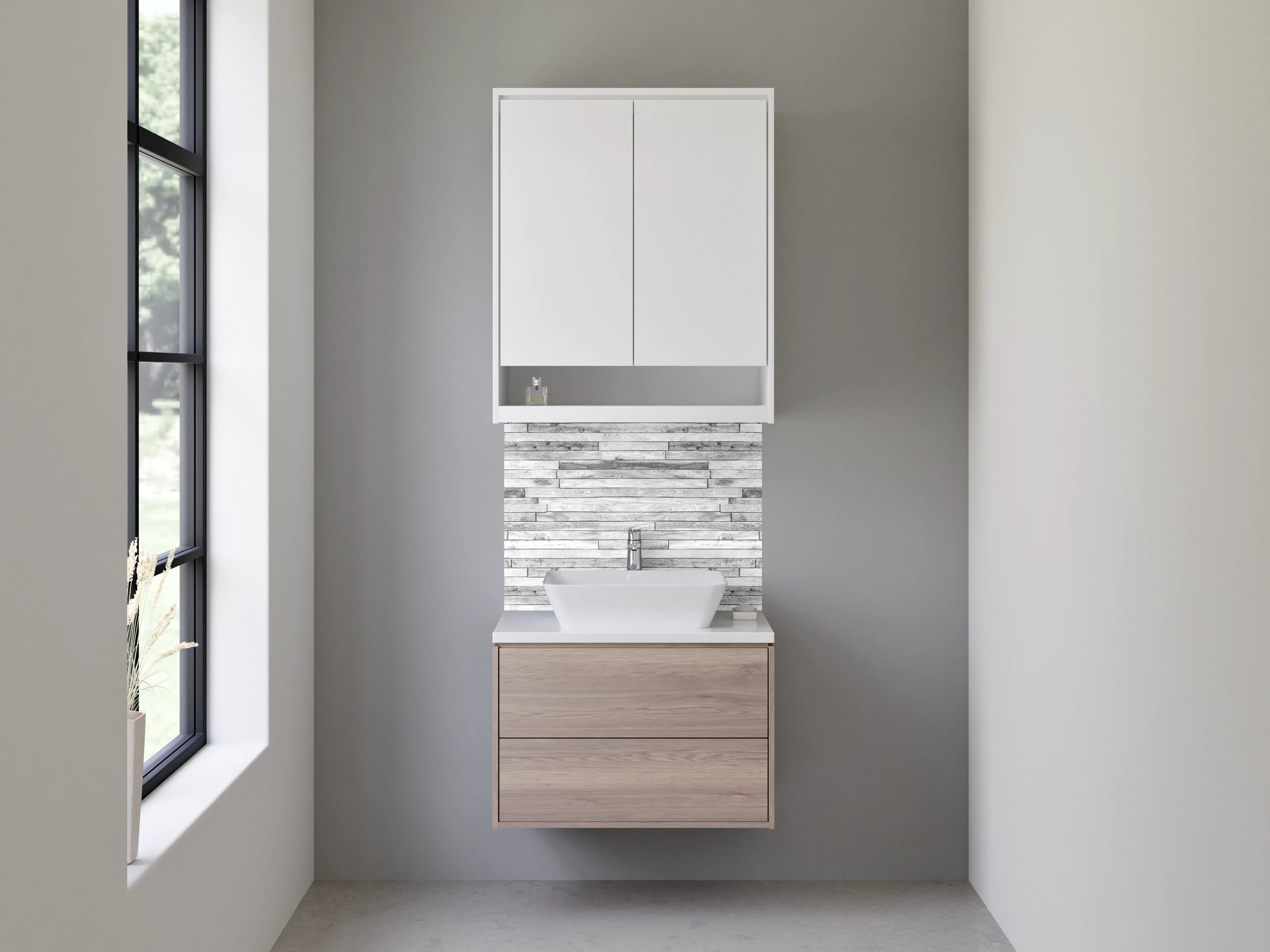 Waschbecken-Rückwand - Weißer Beton mit grauer Maserung