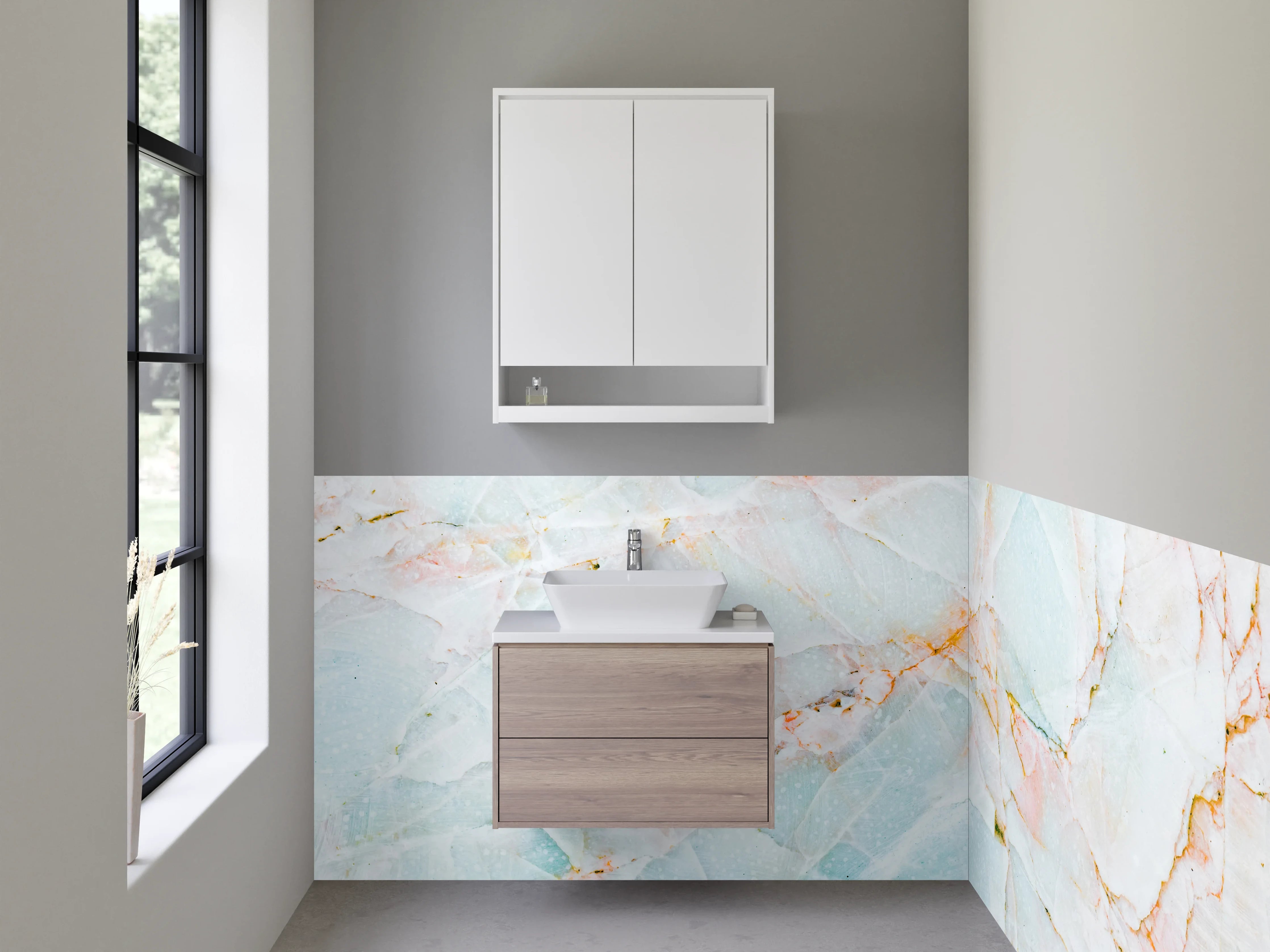 Waschbecken-Rückwand - Weißer Marmor mit Pastell-Akzenten